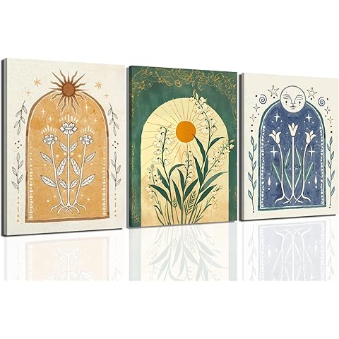 Mystical Sun and Moon Wall Art Vintage Botanical Flower Wall Decor Tarot Lily of the Valley Poster Canvas Prints Spiritual Astrology Artwork for Bedroom Living Room Framed 12x16 inch