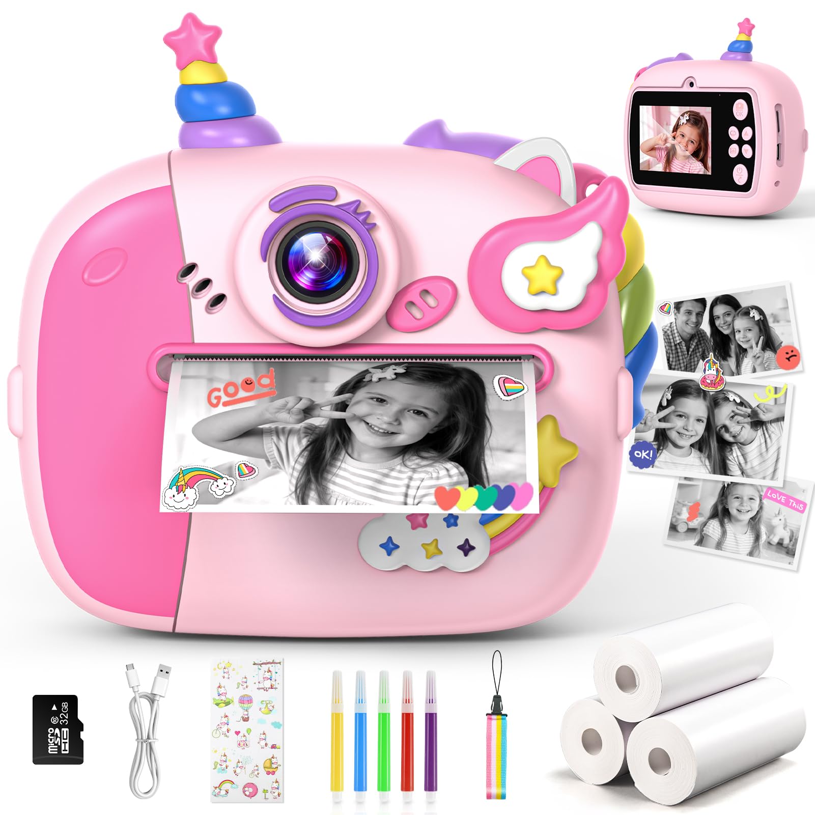 Wootoyz Sofortbildkamera, Einhorn Geschenk für Mädchen Kinderkamera Mädchen 4 5 6 7 8 Jahre Spielzeug ab 3-12 Jahr Einhorn Spielzeug ab 5 6 7 8 Jahre Sofortbildkamera Kinder 32G Karte Rosa