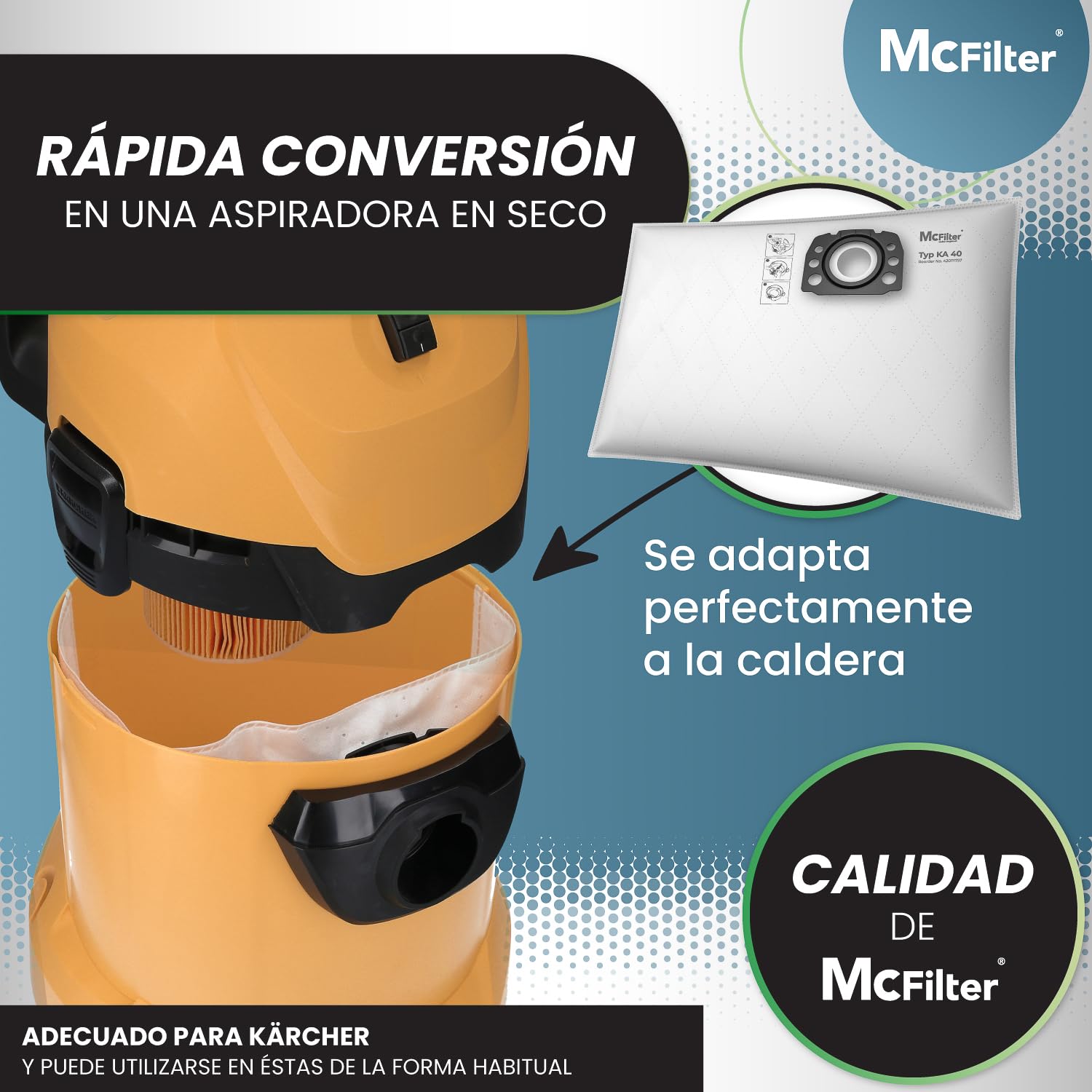 McFilter | 20 Bolsas de aspirador compatibles con Kärcher WD2 WD3 KWD1 KWD2 KWD3 WD3.200 - WD3.800 WD 3 V-17/4/20 M/SE4001/SE4002, se adapta a KFI 357 2.863-314.0