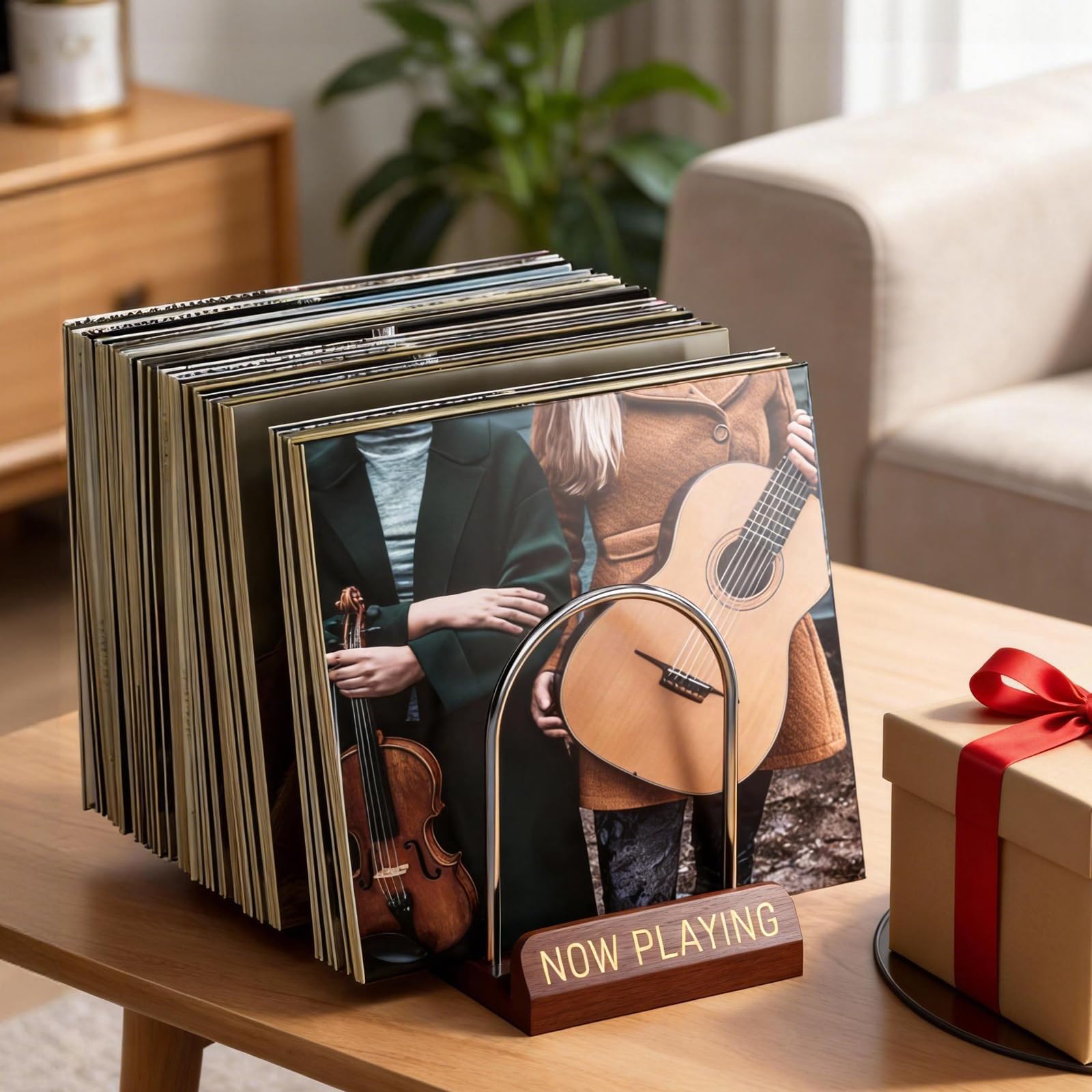 Supporto per dischi in vinile, scalabile, in stile retrò, per 30 – 70 LPs, Now Playing Vinyl Stand in legno e metallo, supporto LP per CD, album, con 5 tasche interne