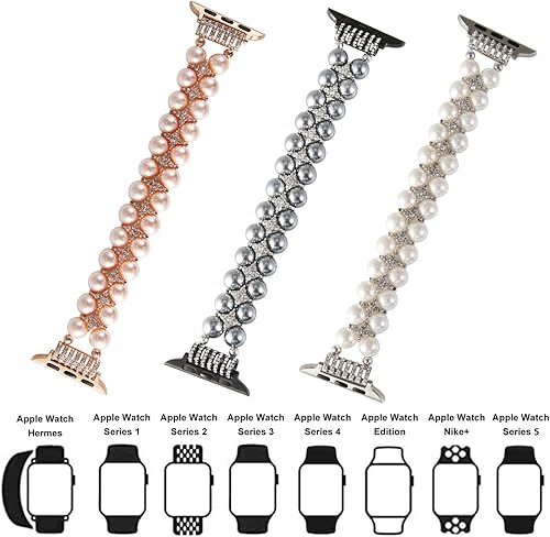 Miniatura 7 de GEMEK Pulsera de perlas compatible con Apple Watch Band 38401.614 in 42441.929 in iWatch Series 987654321, correa de repuesto elástica artificial