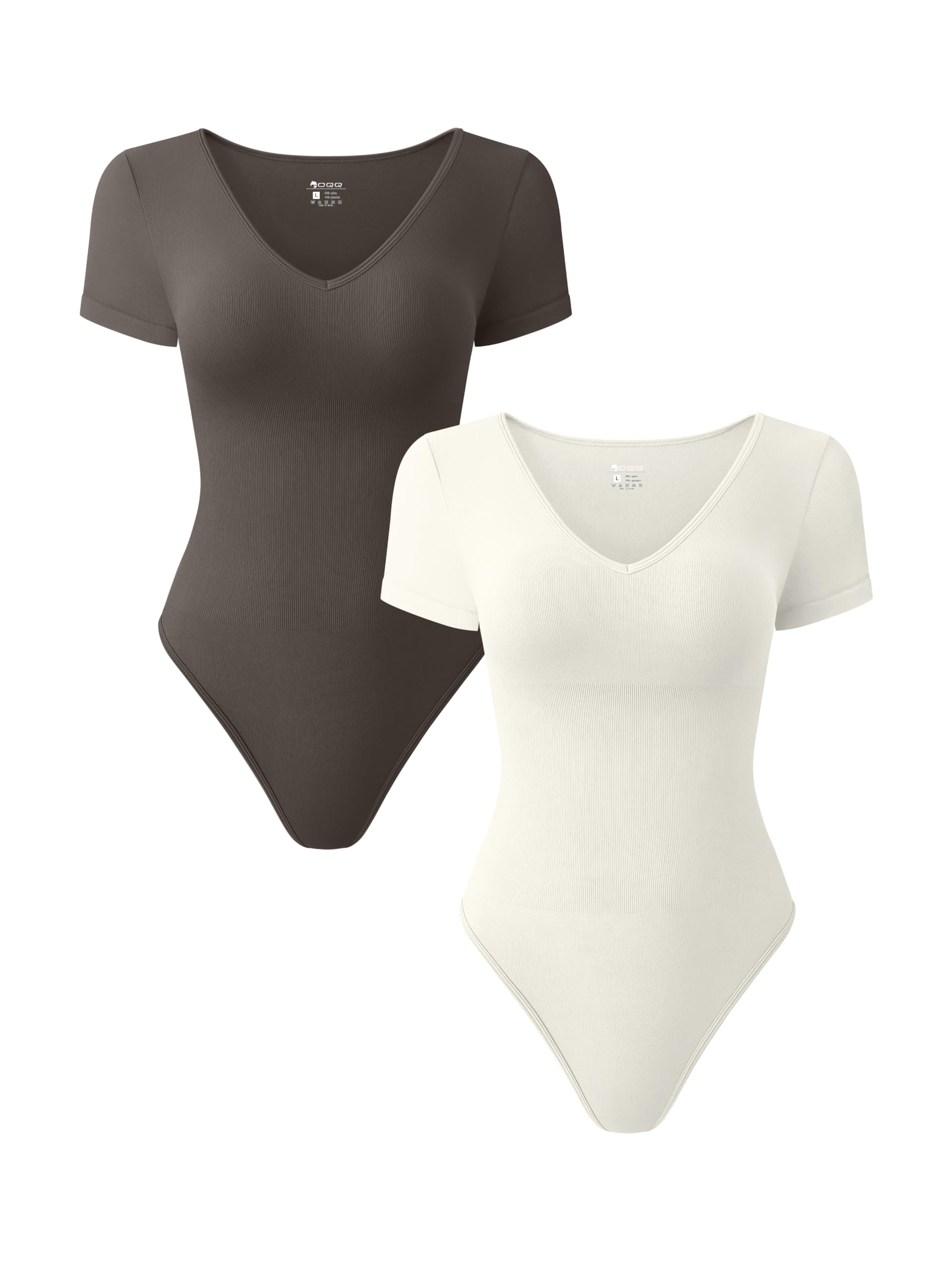 Size S OQQ Women 2 Piece Bodysuits Sexy Ribbed Short Sleeve V Neck Stretch Tank Tops Bodysuits