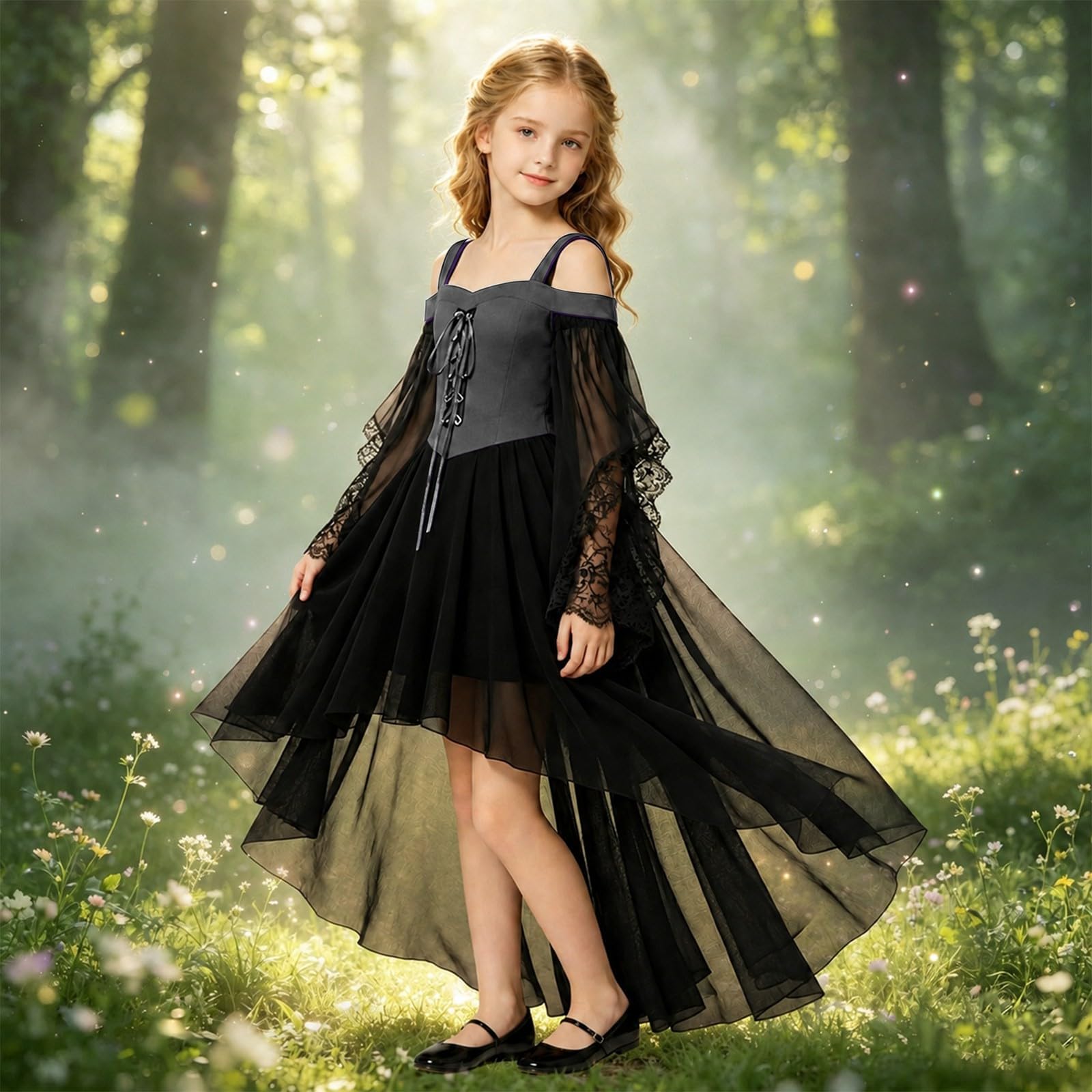 Vokuhila - Vestito medievale per Halloween, per bambine, gotico, cosplay | Vestito da principessa per bambini, a maniche lunghe, con spalle scoperte, in pizzo, stile vittoriano, vampiro, carnevale