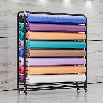 Large Textile Fabric Storage Rack Cart with Adjustable Hanging Rod & Brakeable Wheels, Commercial Organizer Holder for Vinyl Rolls/Car Color Change Film/Window Film/Wallpaper Display10 rods,H210cm-W1