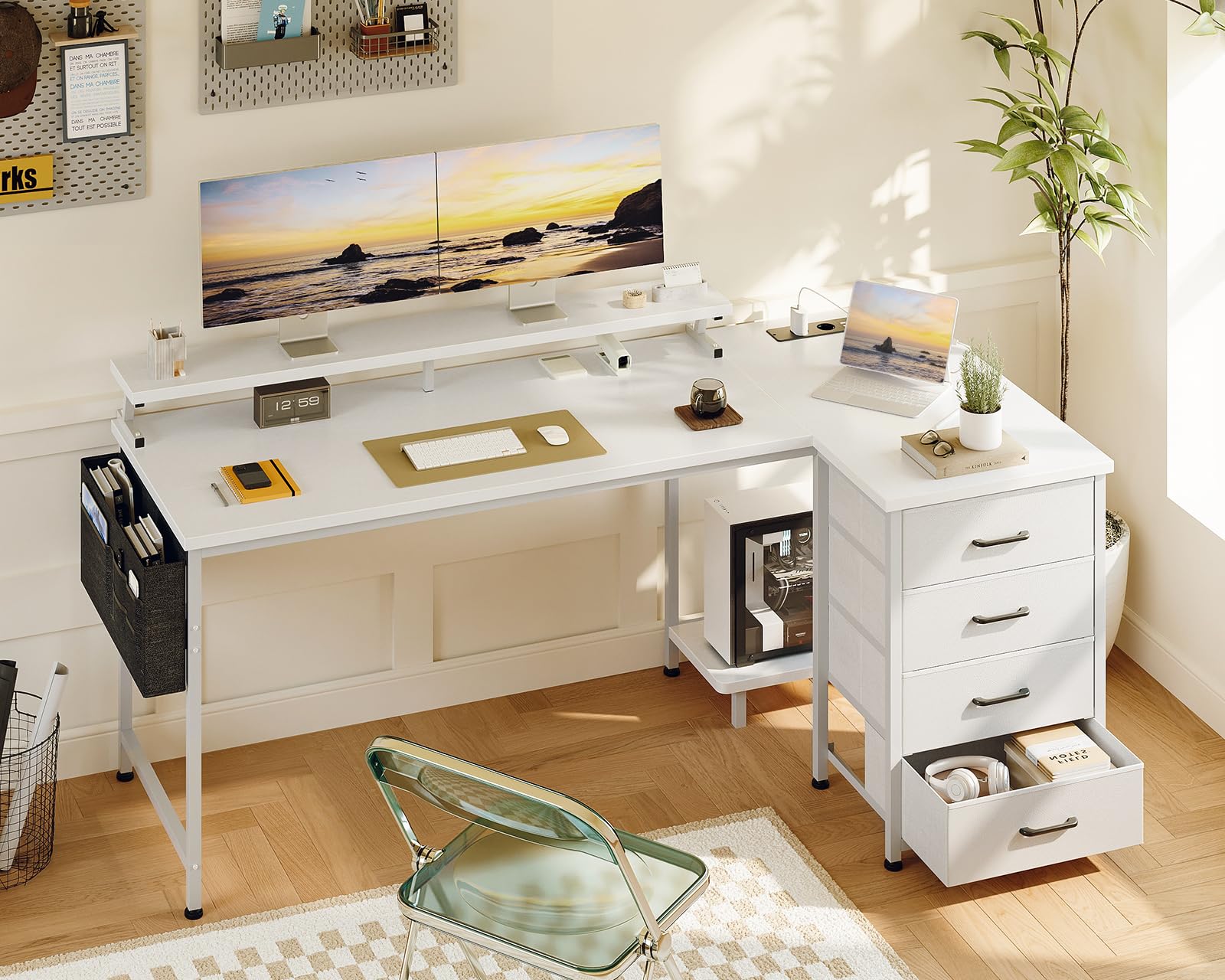 ODK Eckschreibtisch mit 4 Schubladen und Steckdose, 160×80 cm, Weiß | L-Förmiger Ecktisch mit Monitorständer, Schreibtisch, Reversibel, für Arbeitszimmer & Familienecke