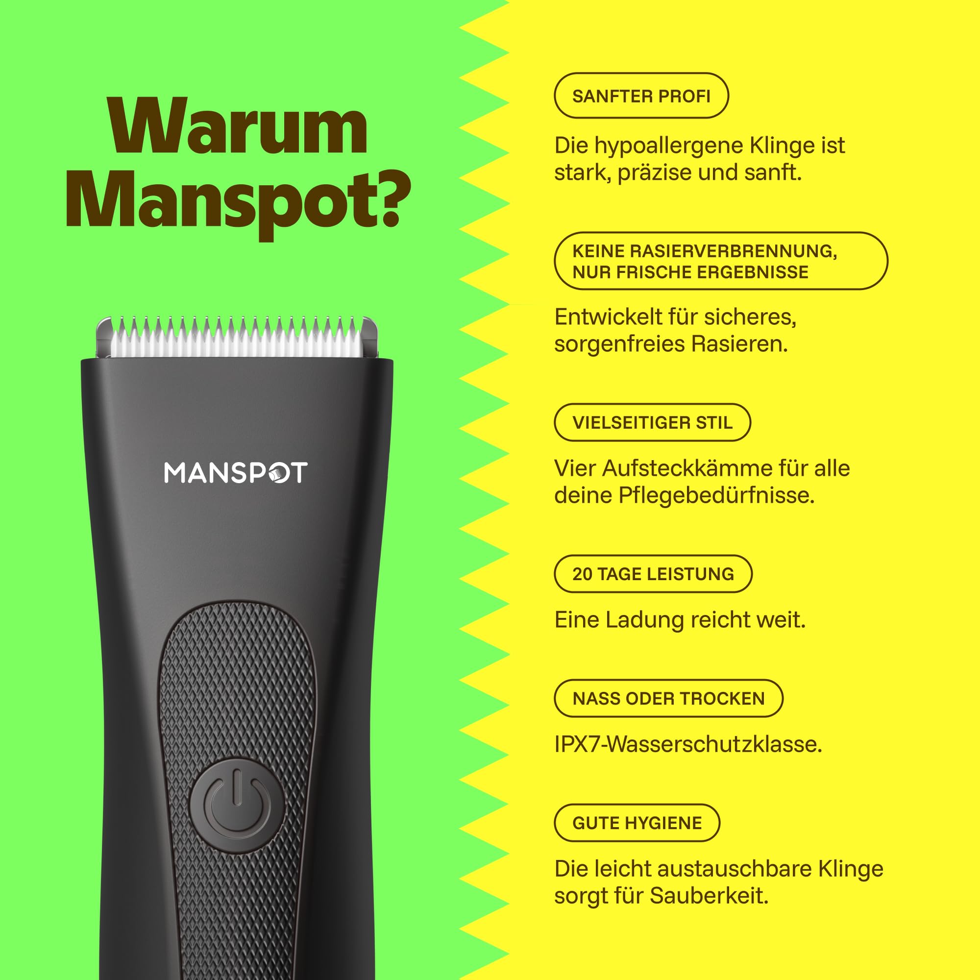 MANSPOT Intimrasierer Mann–Körperrasierer mit Keramikklinge & Abgerundeten Spitzen, Hautfreundlicher Intim Rasierer Elektrisch für Intimbereich & Körper, IPX7 Wasserdicht, 4 Aufsteckkämme
