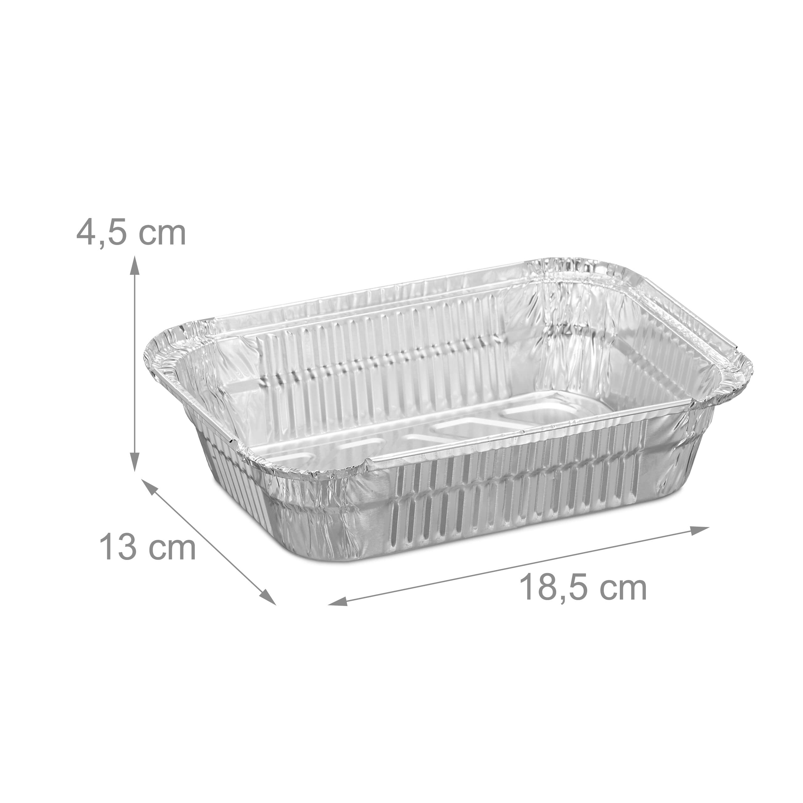 Relaxdays Bandeja Aluminio, Pack de 50, 18,5 x 13 cm, Envases Barbacoa Cuadrados, Recipiente Recogegotas BBQ, Plateado