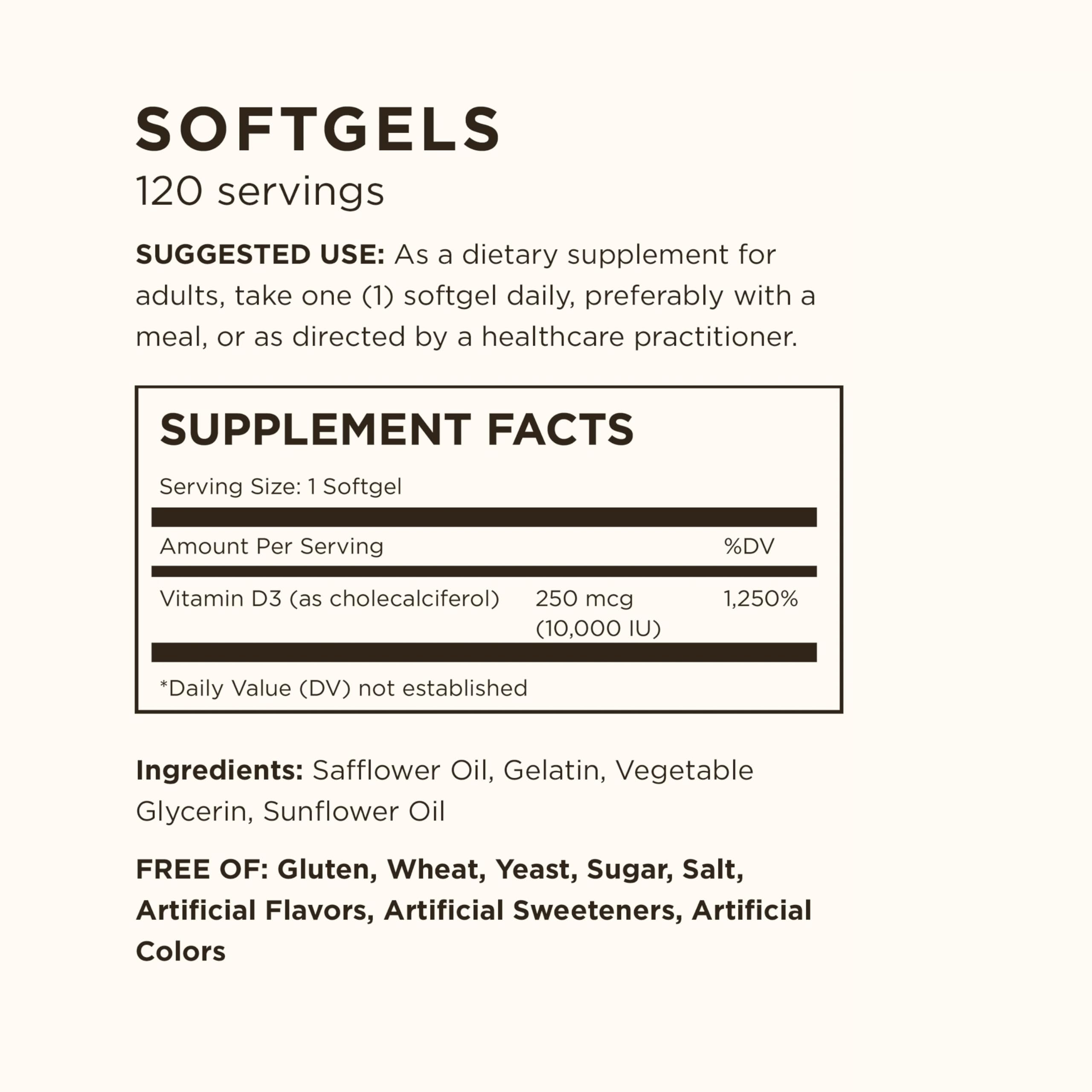 Solgar Vitamin D3 (Cholecalciferol) 250 MCG (10,000 IU), 120 Softgels - Helps Maintain Healthy Bones & Teeth - Immune System Support - Non GMO, Gluten/ Dairy Free - 120 Servings — Amazon image 5