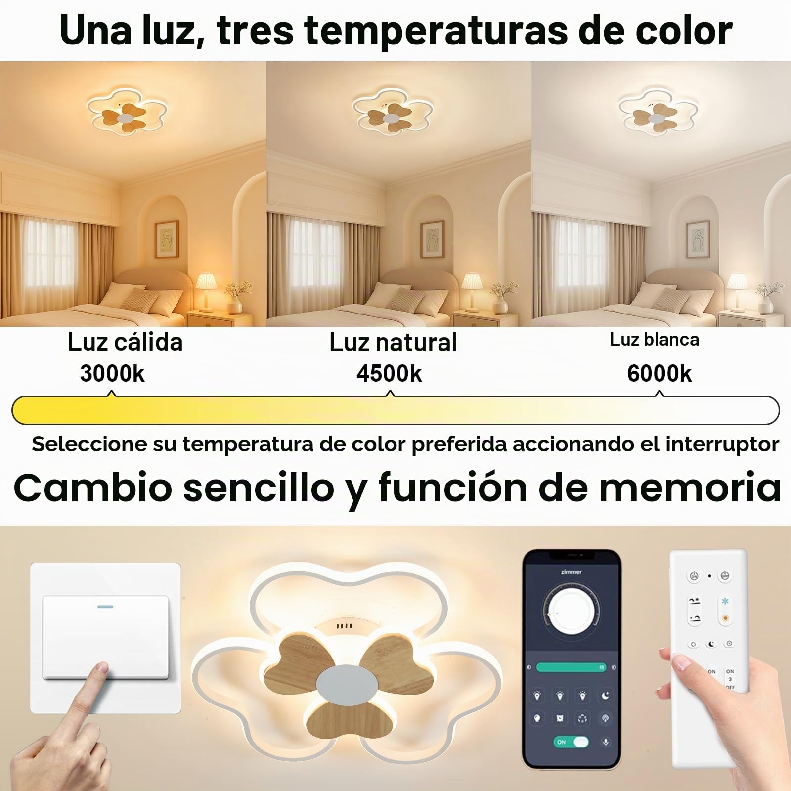 Lampara Infantil Techo,48W Lampara Techo LED Infantil Dormitorio Forma de flor Madera 3000K-6000K Regulable con Control Remoto, Plafón LED Techo de 50CM para Cuarto de Niños Dormitorio