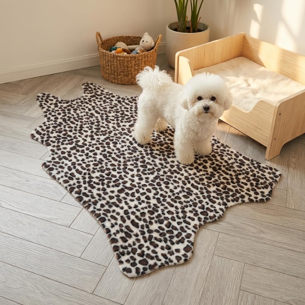 Leopard Rug, Plush Faux Fur Area Rug, Snow Leopard Accent Rug for Bedroom Nursery, Non-Slip Soft Bohemian Decor (2'7" x 3'11")