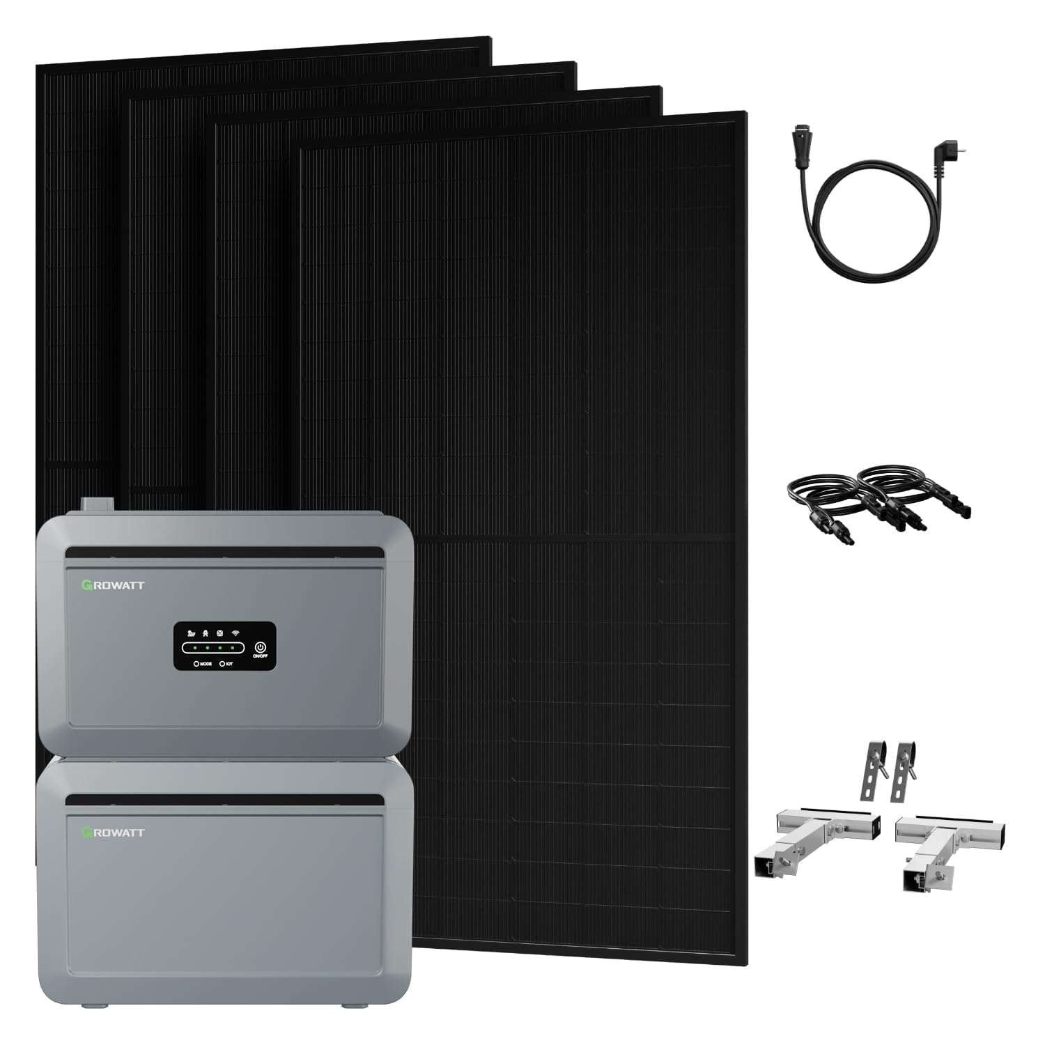 Powerness® All in One 2000W Balkonkraftwerk mit Speicher 4096Wh, Growatt NEXA 2000 mit 1× Erweiterungsakku, 4× 500W Solarmodule mit Balkon Silber Halterung, Zubehör Komplettset, Plug & Play (0% MwSt)