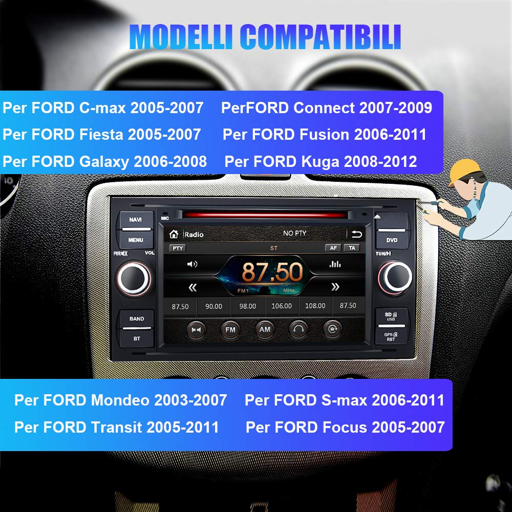 AWESAFE 7 Pollici Wince Autoradio 2 Din per Ford Focus Fiesta Kuga C/S-Max Fusion Transit Galaxy Mondeo (2005-2007) Car Radio con Bluetooth Vivavoce, CD DVD USB BT FM AM MirrorLink