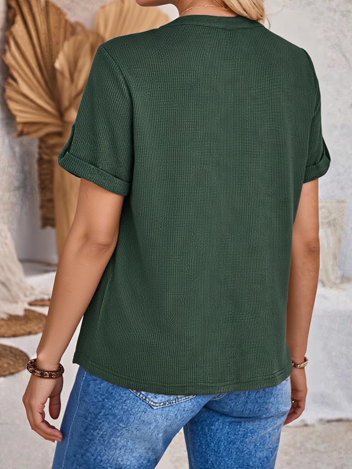 Women's Summer Short Sleeve Button Waffle T Shirt Classic Fit V Neck Tops for Office Work - Image 6