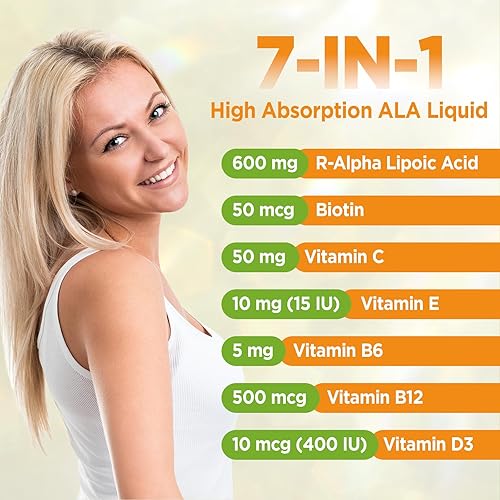 Miniatura 3 de Gotas de ácido alfa liposomal líquido, 600 mg de ácido R-alfa lipoico con biotina y multivitaminas, ALA para antioxidante, salud cerebral y apoyo