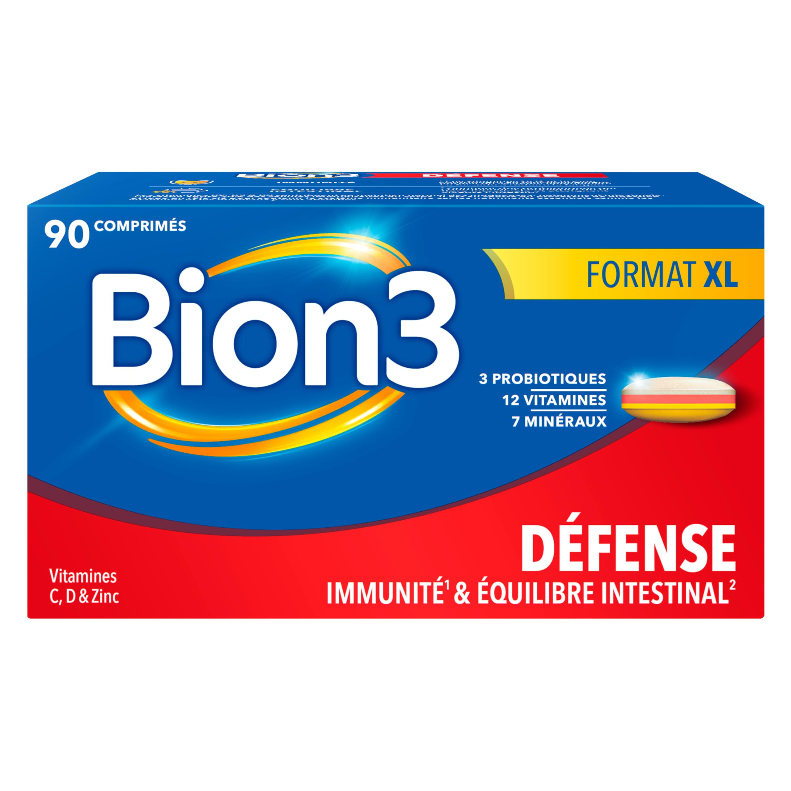 Bion3 Défense comprimés, complément alimentaire multivitaminé pour le soutien du système immunitaire¹ avec vitamine C, vitamine D, zinc et fer + probiotiques, 90 comprimés, 3 mois de prise