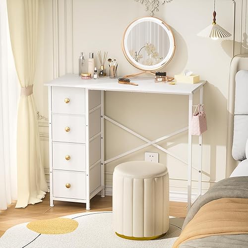 Miniatura 8 de Tocador sin espejo, pequeño tocador de maquillaje con 4 cajones de tela, mesa de vestir blanca para espacios pequeños, mesa de maquillaje para niñas