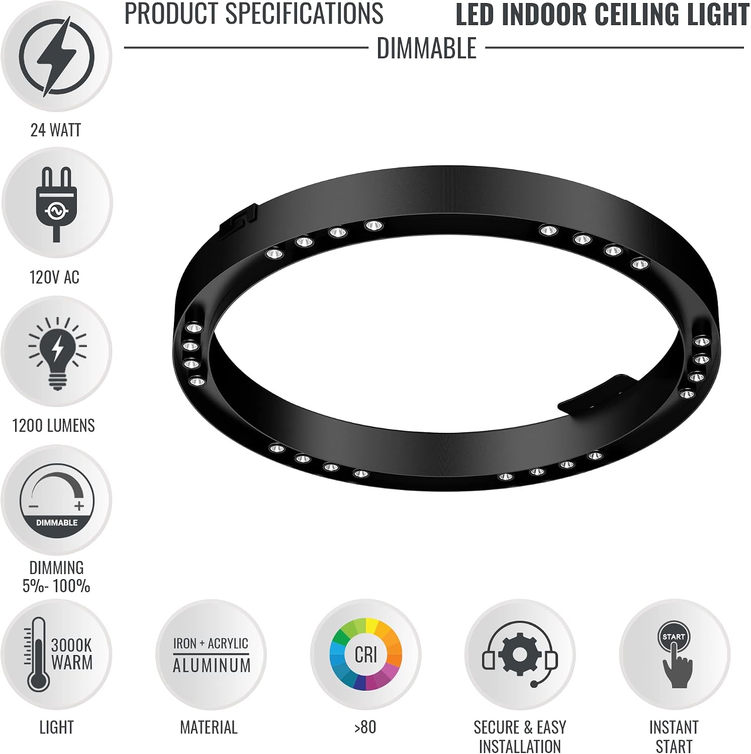 LEDMyplace 24W Modern LED Ring Flush Mount Ceiling Light, Matte Black Dimmable LED Light Fixtures, 3000K Warm White, 1200 Lumens, Farmhouse Ceiling Hanging Light for Living Room, Hallways, Bedroom