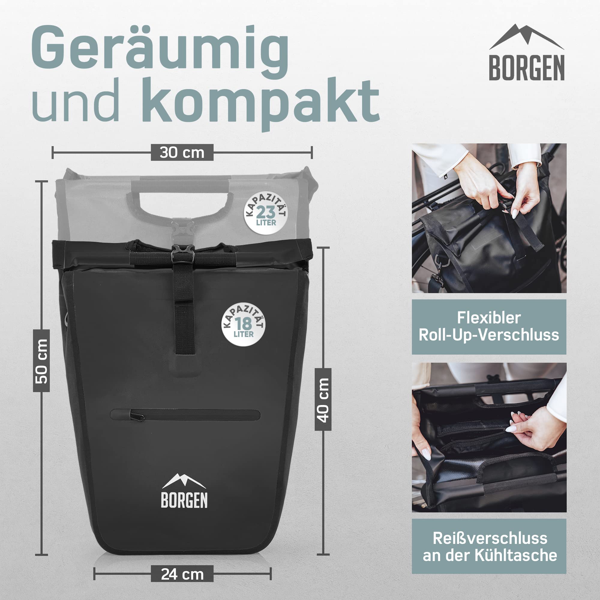 Borgen Fahrrad Einkaufstasche für Gepäckträger mit herausnehmbaren Kühleinsatz - Verwendbar als Gepäckträgertasche, Fahrradtasche, Tragetasche 23 Liter