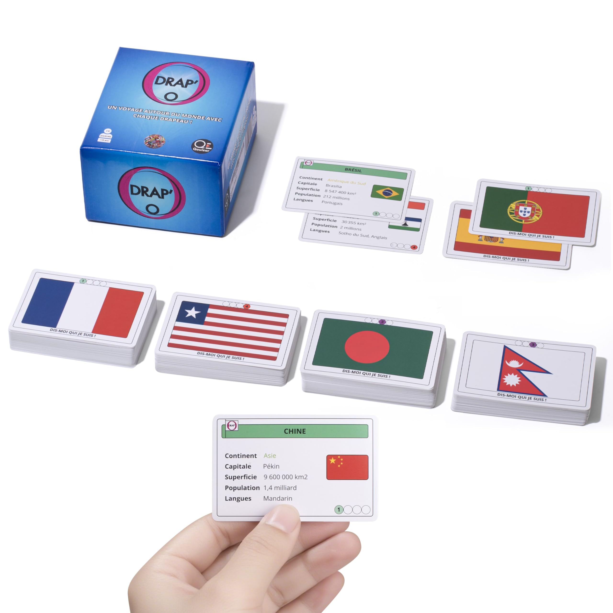 Drap'O - Gioco di Carta: Bandiere del Mondo | 208 Paesi | Capitali, Lingue, Continenti. Geografia e strategia | 4 Livelli di difficoltà | per bambini e adulti - Gioco educativo
