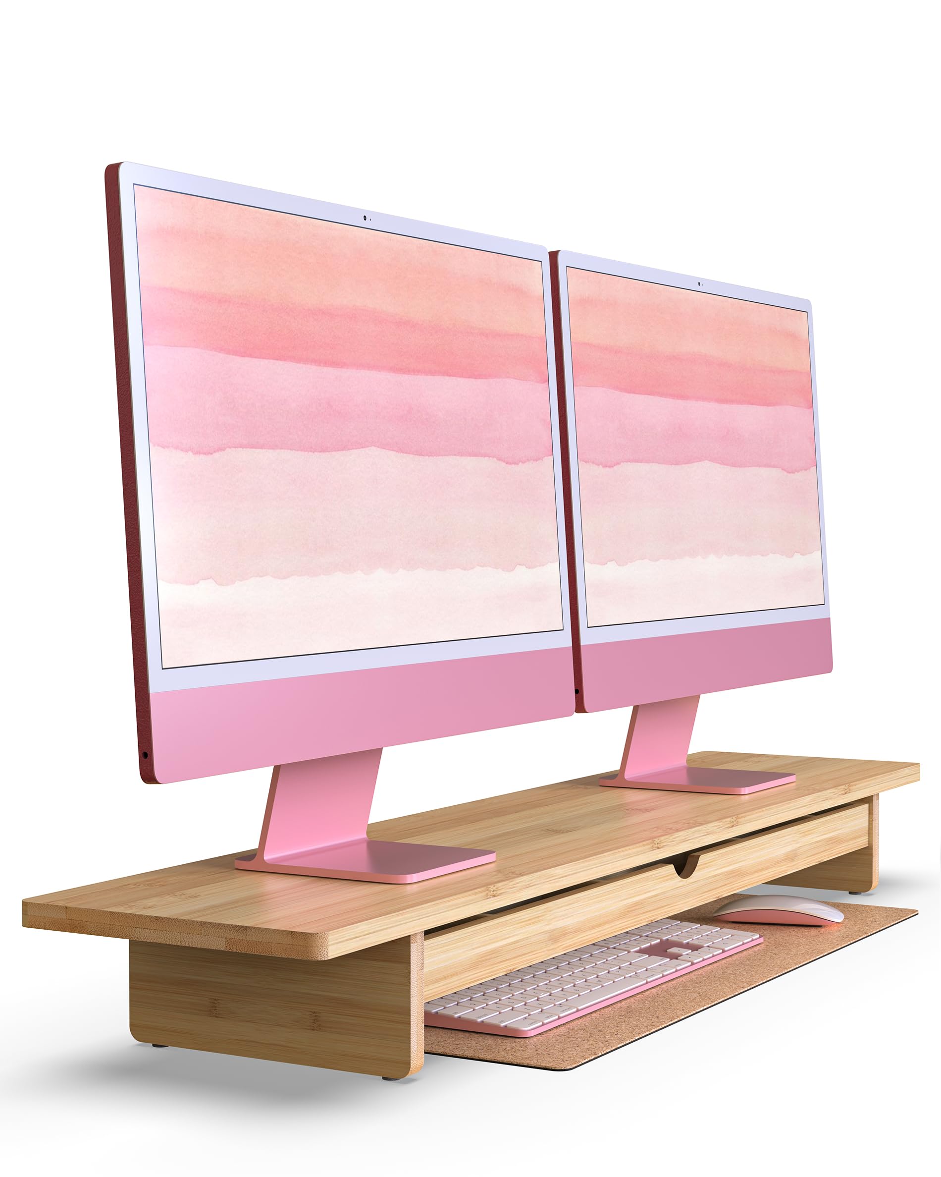 WELL WENG Supporto per monitor in bambù con grande cassetto, alzata ergonomica per computer da 106 cm, per scrivania, ripiano per schermo con 7 scomparti per organizzare tastiera e cancelleria