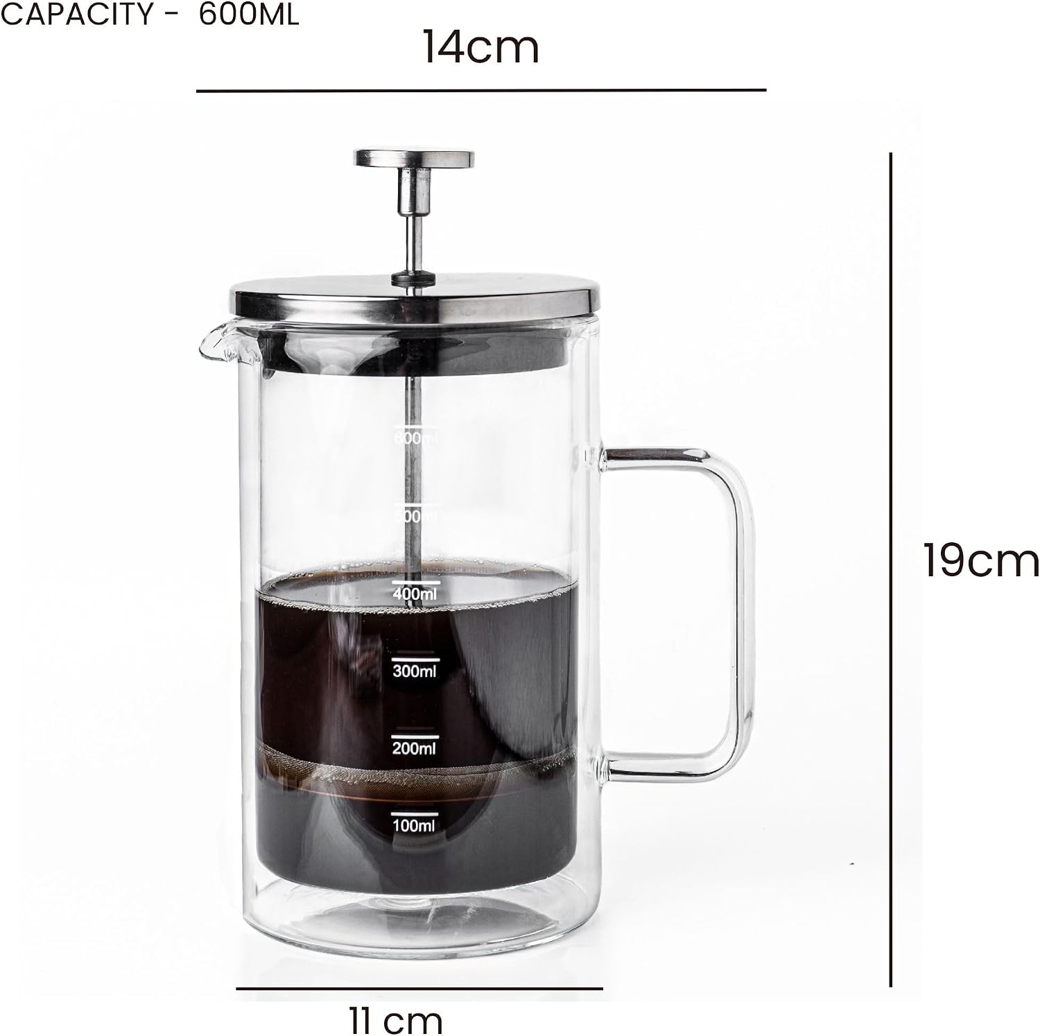 Sipologie Glasriket Double Wall French Press Coffee Maker 600ml I 4-Level Filtration I Heat Insulated Borosilicate Coffee Press Glass I Measurement Marking, Coffee Spoon, Extra Filter Mesh
