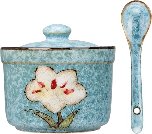 Azucarero de cerámica hecho a mano con tapa y cuchara, tarro de condimento de porcelana de 9 onzas con diseño floral pintado a mano, recipiente