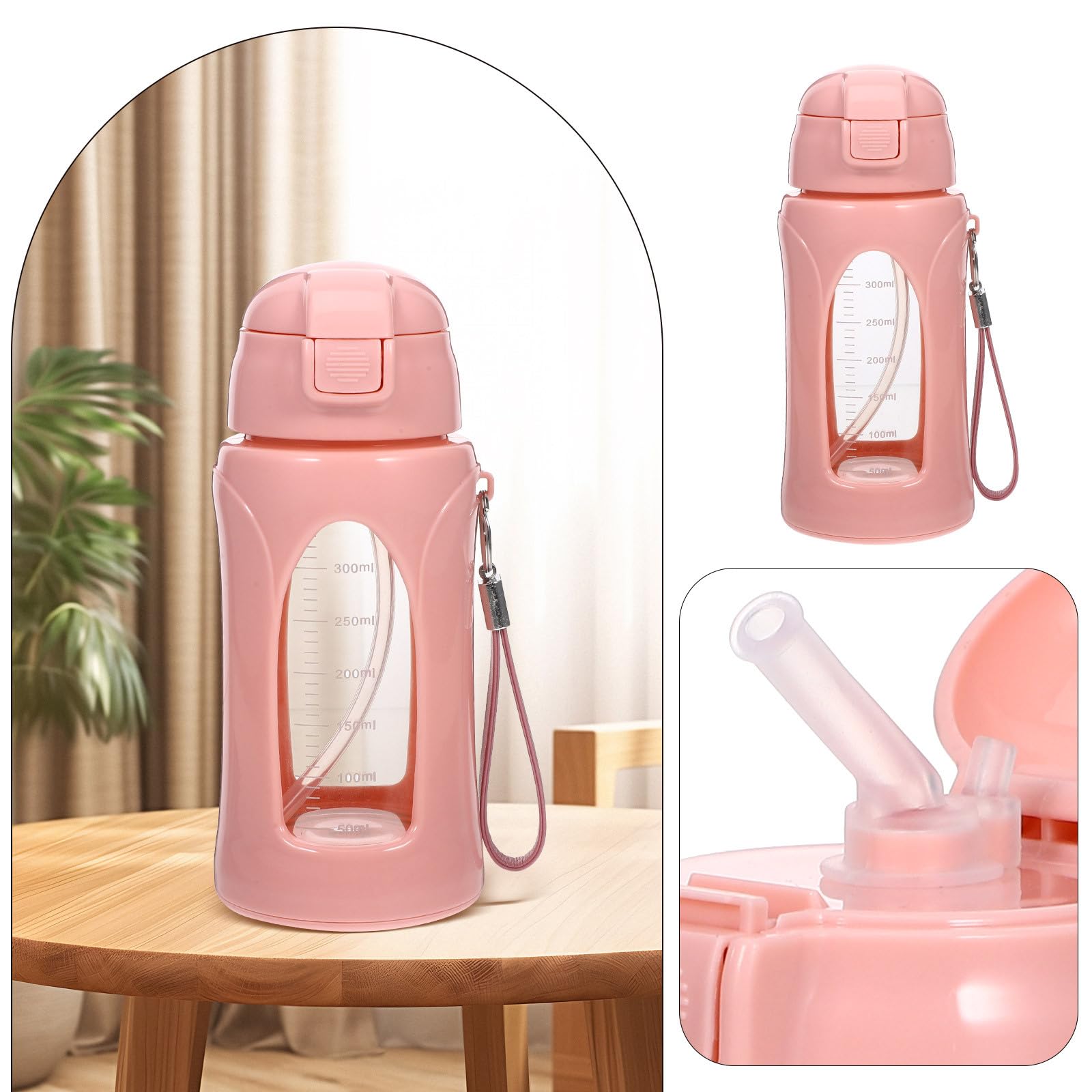 Gourde de Sport en Verre 380 ML Paille Intégrée et Graduation Bouteille D’Eau Multifonction pour Fitness Camping et Activités D’Extérieur Gourde Légère et Portable Rose