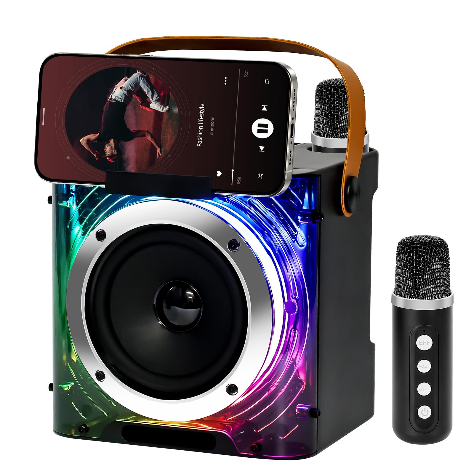 Macchina per con 2 Microfoni Wireless y Supporto per Telefono, Altoparlante karaoke cassa Bluetooth 5.3 portatile, con luci a LED per Adulti e Bambini
