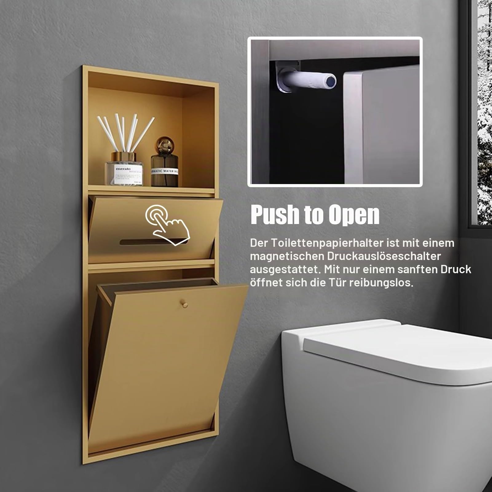 Toilettenpapierhalter Unterputz Wandnische mit Ablagefach, Mülleimer, Toilettenpapierhalter, Platzsparend, Badnische mit Schrank für Taschentücher, Papierrollen und Telefon(Black)