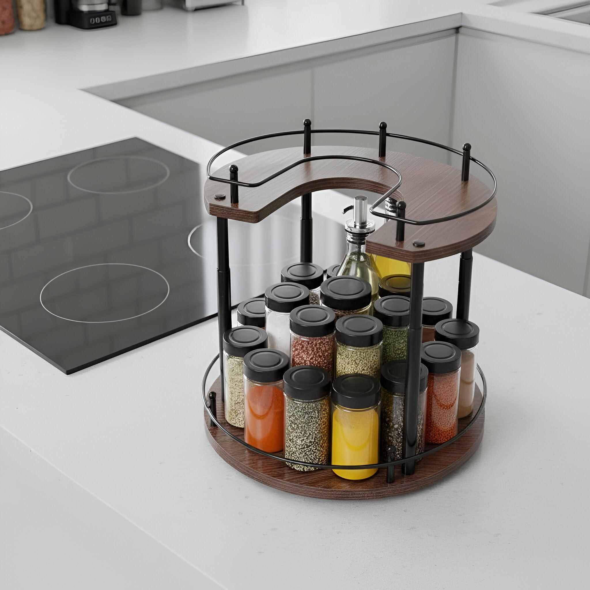 Estante de Especias Giratorio de Madera de 2 Niveles Lazy Susan | Organizador giratorio madera 35 cm, bandeja ajustable en altura para armario, encimera y despensa, diseño compacto y versátil