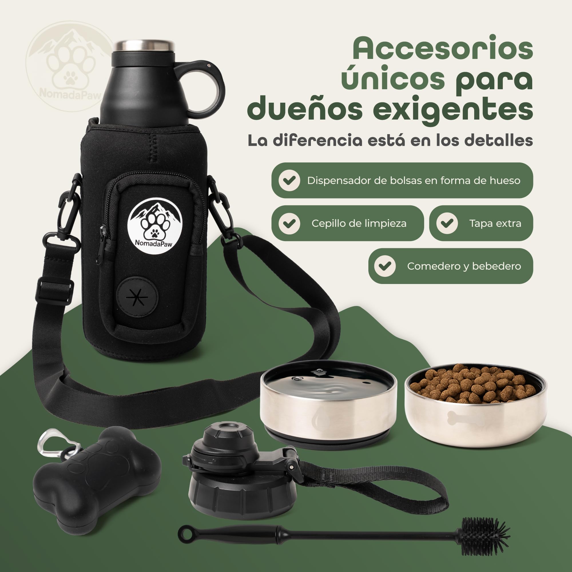 Botella de Agua para Perros 1L de Acero Inoxidable – Bebedero Portátil Térmico con Comedero y 2 Tapas – Incluye Funda Neopreno, Dispensador de Bolsas y Cepillo – Accesorio de Viaje 4 en 1| NomadaPaw