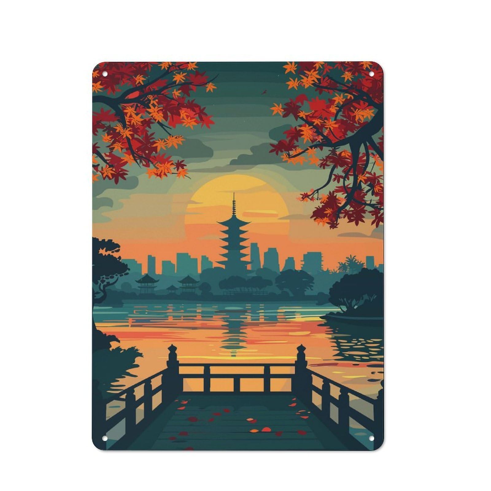 Junmoney Style-3 Metal Wall Sign 40X30cm Featuring Japanese Pagoda Sunset Landscape Illustration For Pub Or Café, Housewarming Wall Decor For People Furnishing Pub And Café