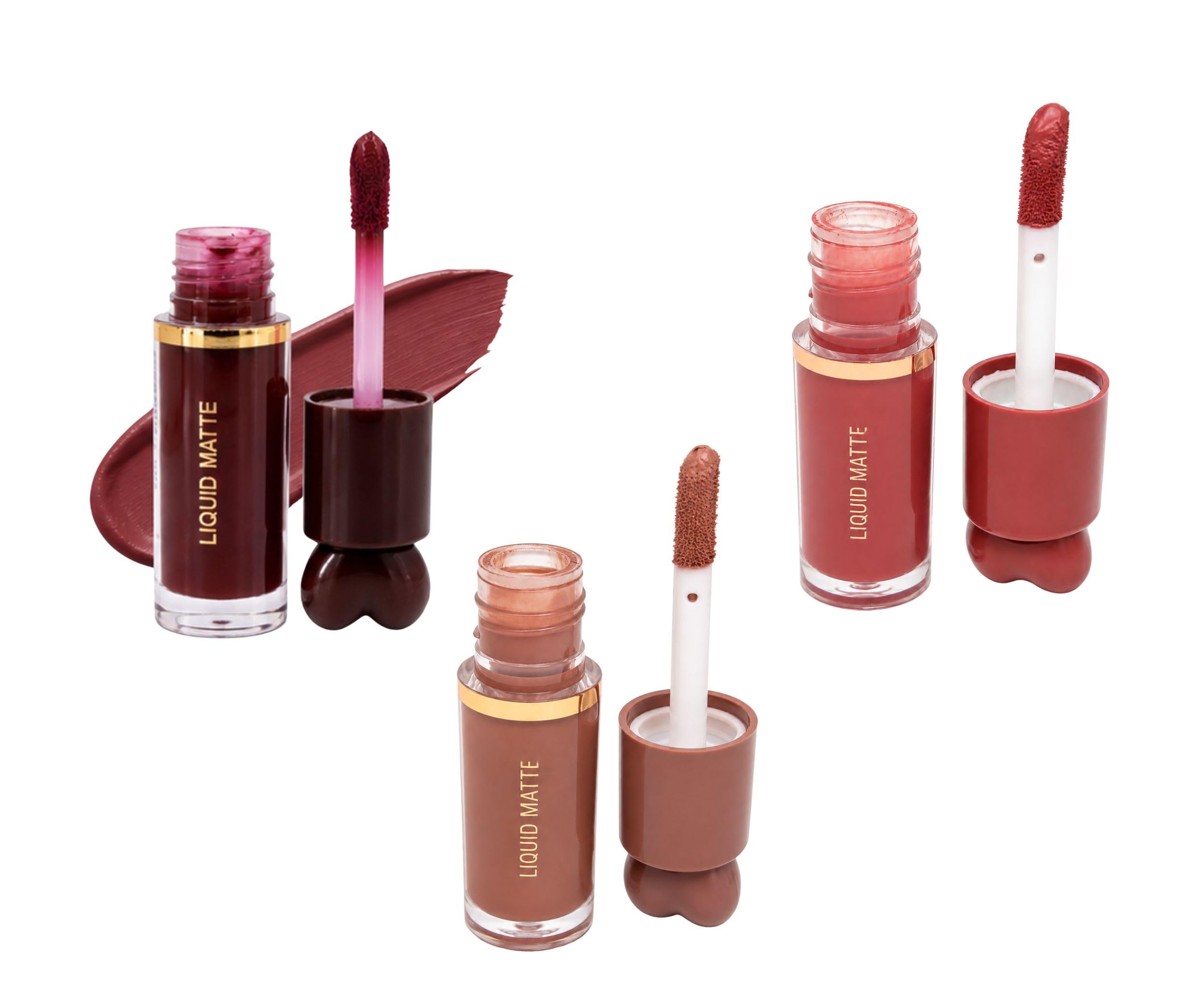 Liquid Matte Lipstick Combo - Pack of 3 | Long Lasting Waterproof Liquid Lip Tint Set | Highly Pigmented Nude Brown, Deep Wine Berry & Rose Pink Matte Lip Color Kit with Cute Heart-Top Cap-image-30