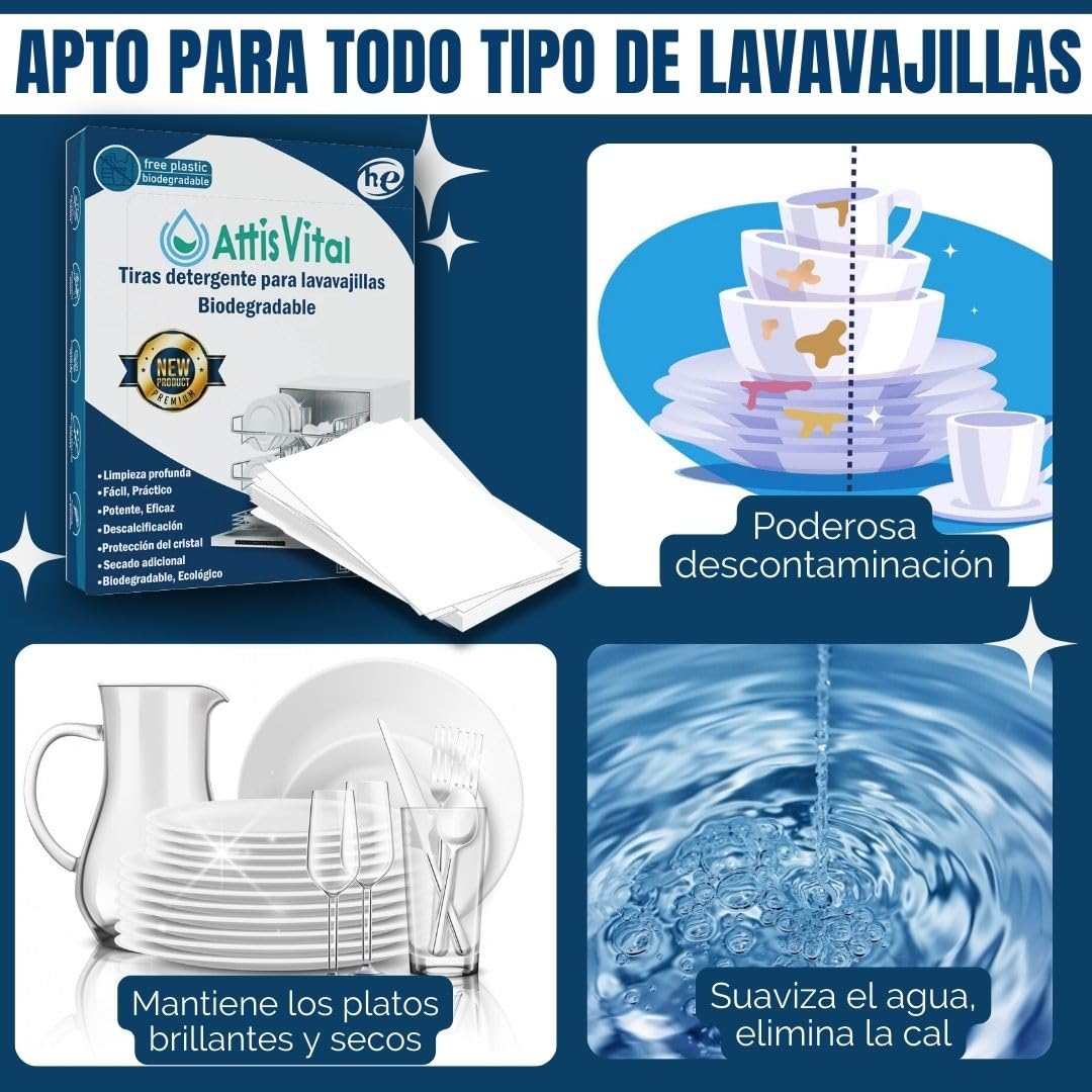 Detergente Lavavajillas Ecológico en Tiras AttisVital – 400 Lavados –Vegano, Biodegradable – Sin Plástico, Fosfatos ni Cloro – Limpieza, Abrillantado y Antical (400)