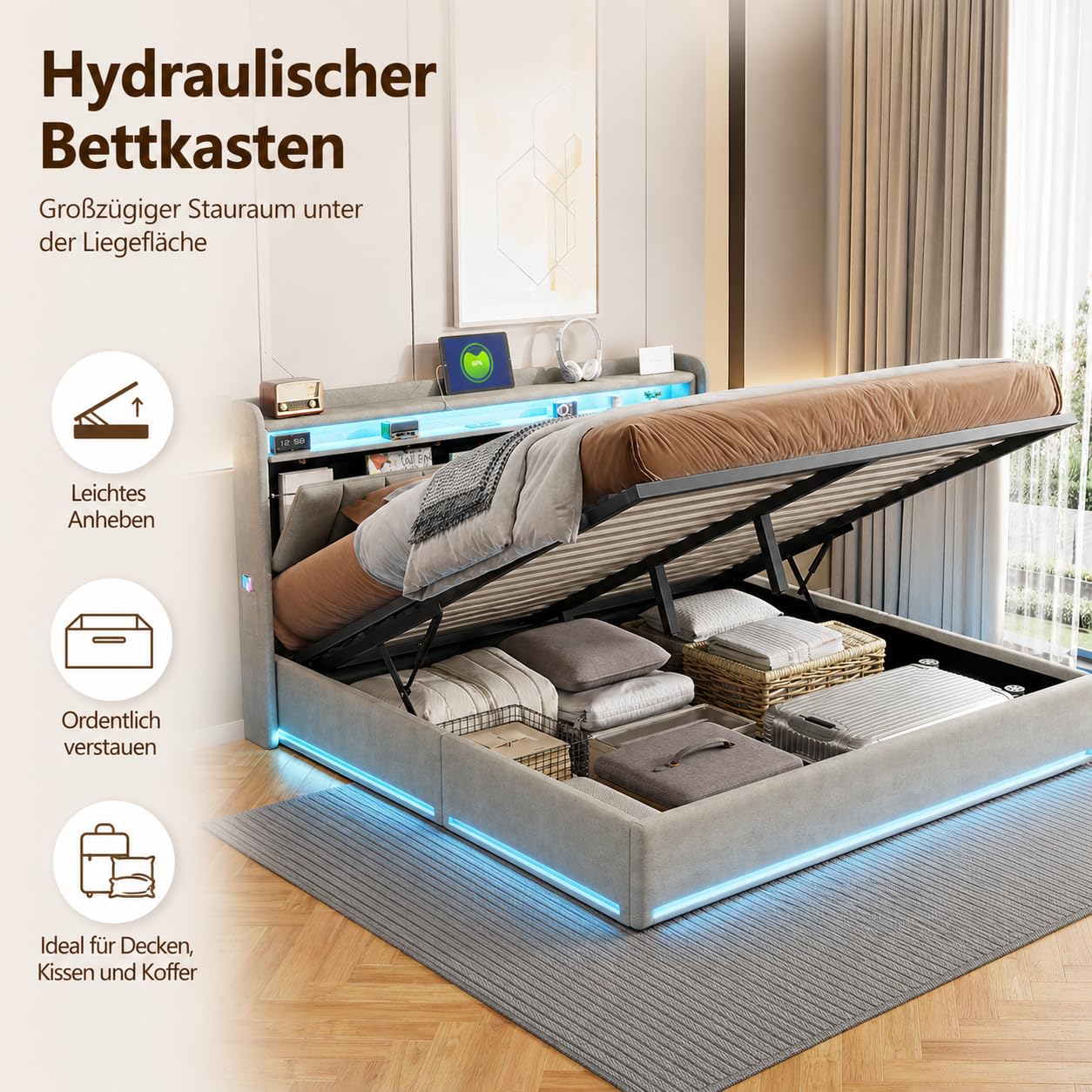 Letto imbottito 140x200 cm, letto con spazio di archiviazione idraulico con LED e stazione di ricarica USB, struttura del letto con rete a doghe e spazio di archiviazione nella testata, letto
