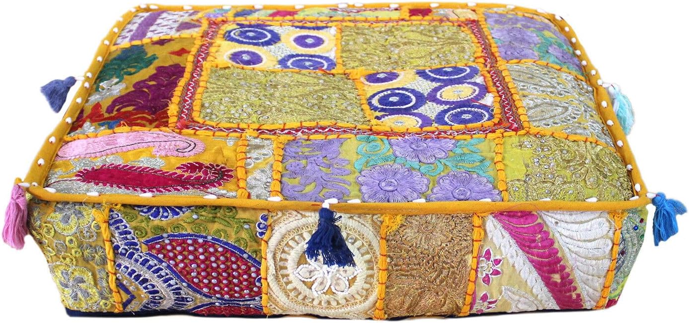 Indian Large Square Mandala Patchwork Cotton Floor Pillow Cushion Cover Meditation Boho Bohemian Cushion Pouf Cover - Cover ONLY (35x35x6 Inches, Yellow)