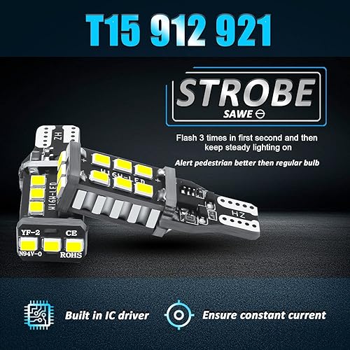 Miniatura 2 de Xotic Tech - 2 bombillas LED estroboscópicas de retroceso T15 921 Canbus sin errores, xenón 6000 K