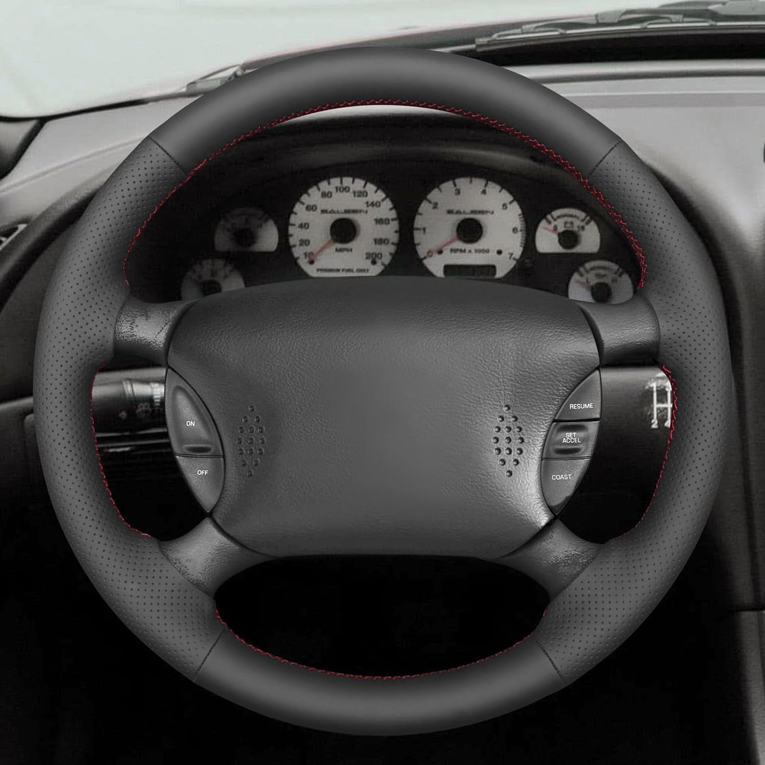 Black Genuine Leather Carbo Fiber Steering Wheel Cover for Ford Mustang 1994 1995 1996 1997 1998 1999 2001 2002 2003 2004 Accessories Car Custom Fit Hand Stitched OEM Interior Part (2)