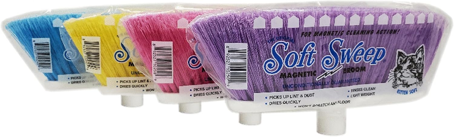 The Original Soft Sweep Magnetic Action Brooms - 12 Pack of Brooms - Assorted Colors (Pink, Purple, Yellow, Blue) - Soft Bristle Broom - Perfect for Wood Floors