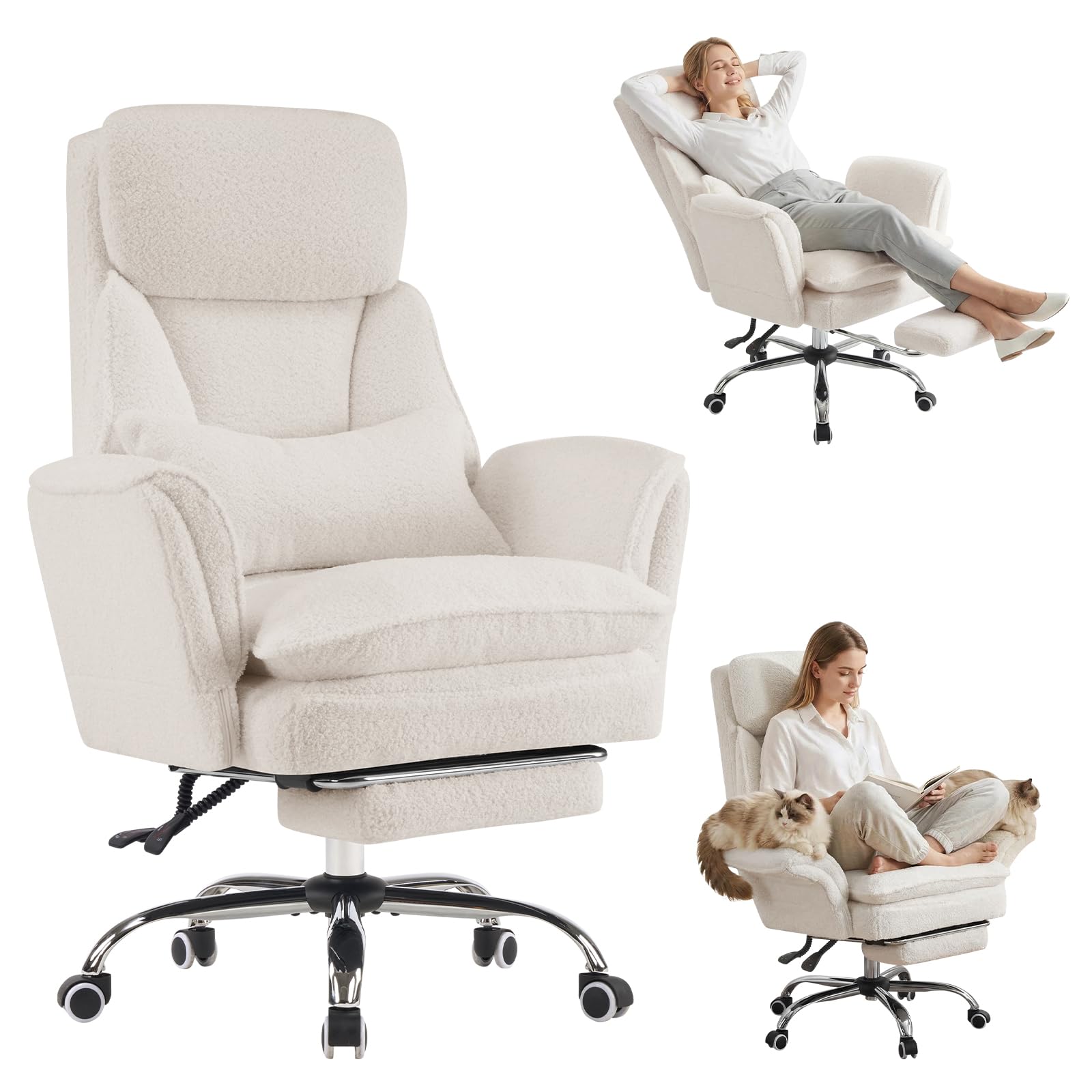 Chaise de Bureau Ergonomique avec Accoudoirs Réglables 5 Niveaux, Repose-Pieds, Soutien Lombaire, Hauteur Réglable, 200kg, Blanc
