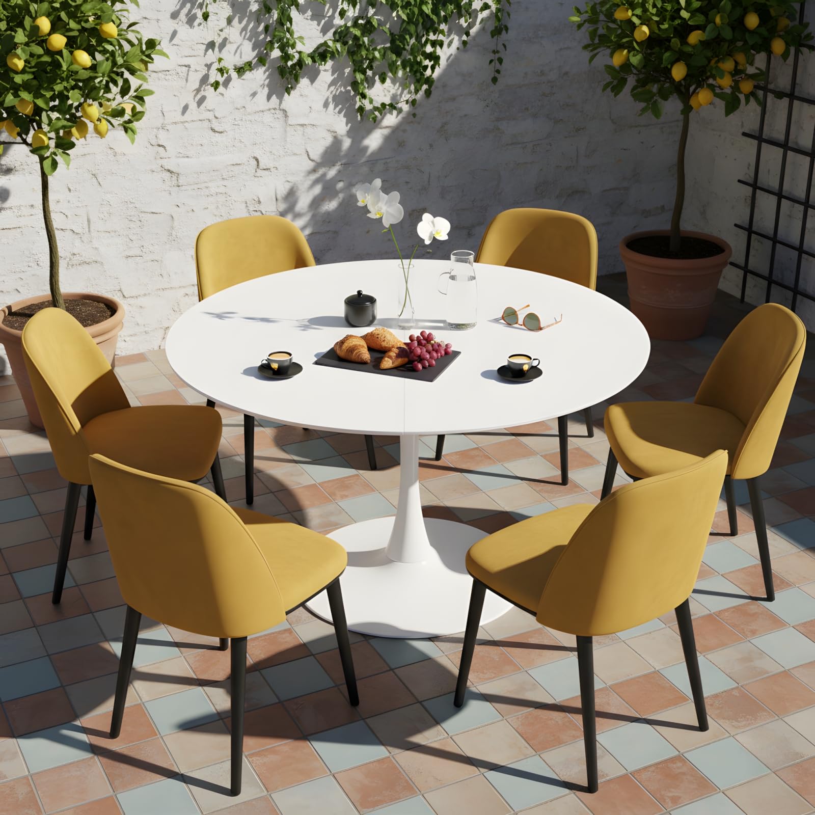 Table de Salle a Manger Ronde Blanche de 110 cm Diametre pour 4 à 6 Personnes, Table Ronde Salle Manger Moderne avec Base en Métal pour Cuisine Salon Restaurant Café Bureau, Blanc