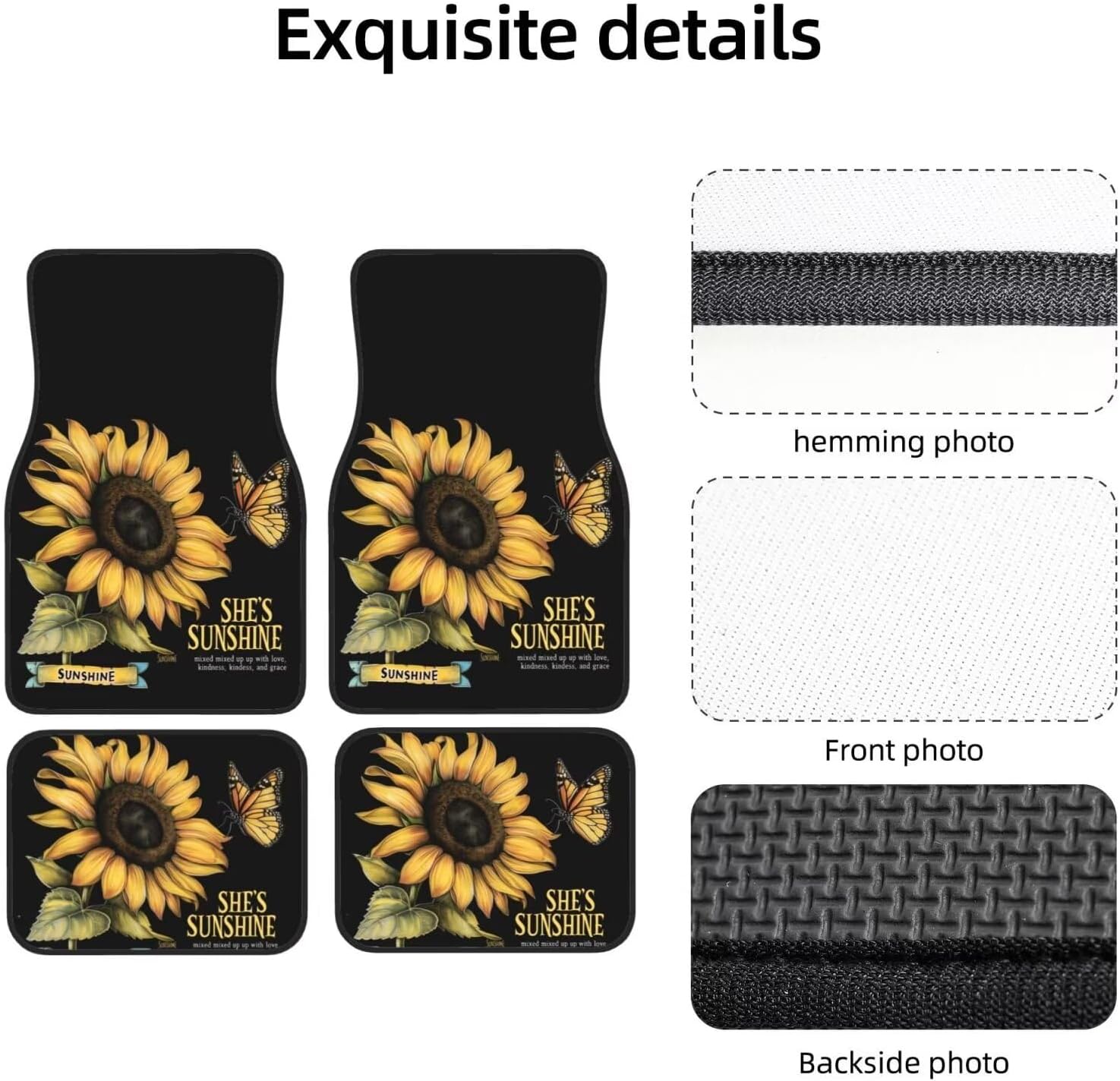 Yellow Sunflower Car Floor Mats Carpet Protector Mat Rubber Backed Car Accessories for Women Men Front and Rear Car Floor Mats Set of 4 Non-Slip Washable Sunshine Car Accessories, Black