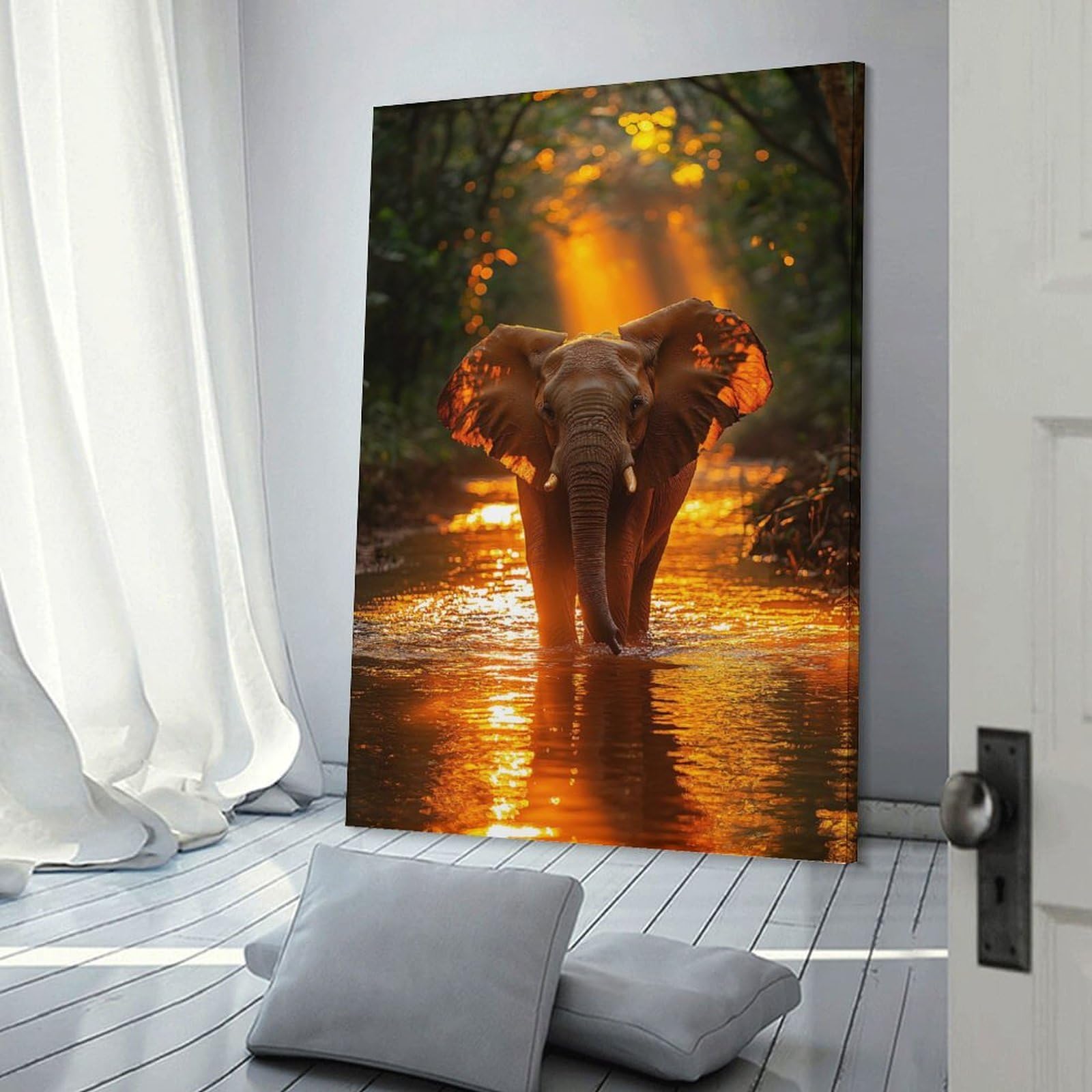 Junmoney Canvas Wall Decor Elephant in Golden Light, 24x36inch(60x90cm), for Flats, Guest Rooms Or Compact Rooms, Wall Decor with Flexible Room Appeal