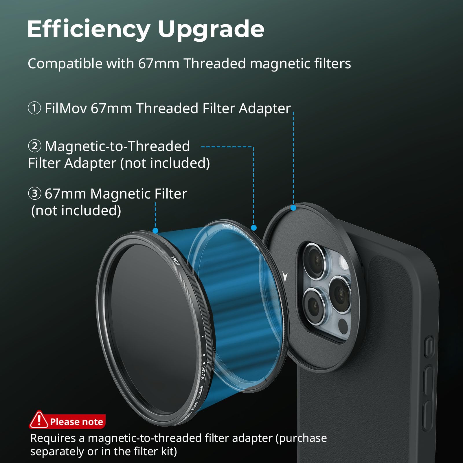 SMALLRIG Adaptateur de Filtre Fileté FilMov 67 mm pour Coque de Téléphone SMALLRIG (pour iPhone 16 séries 4987/4988), Compatible avec Les Filtres 67 mm et Les Eclairages Vidéo LED (4873)-5173