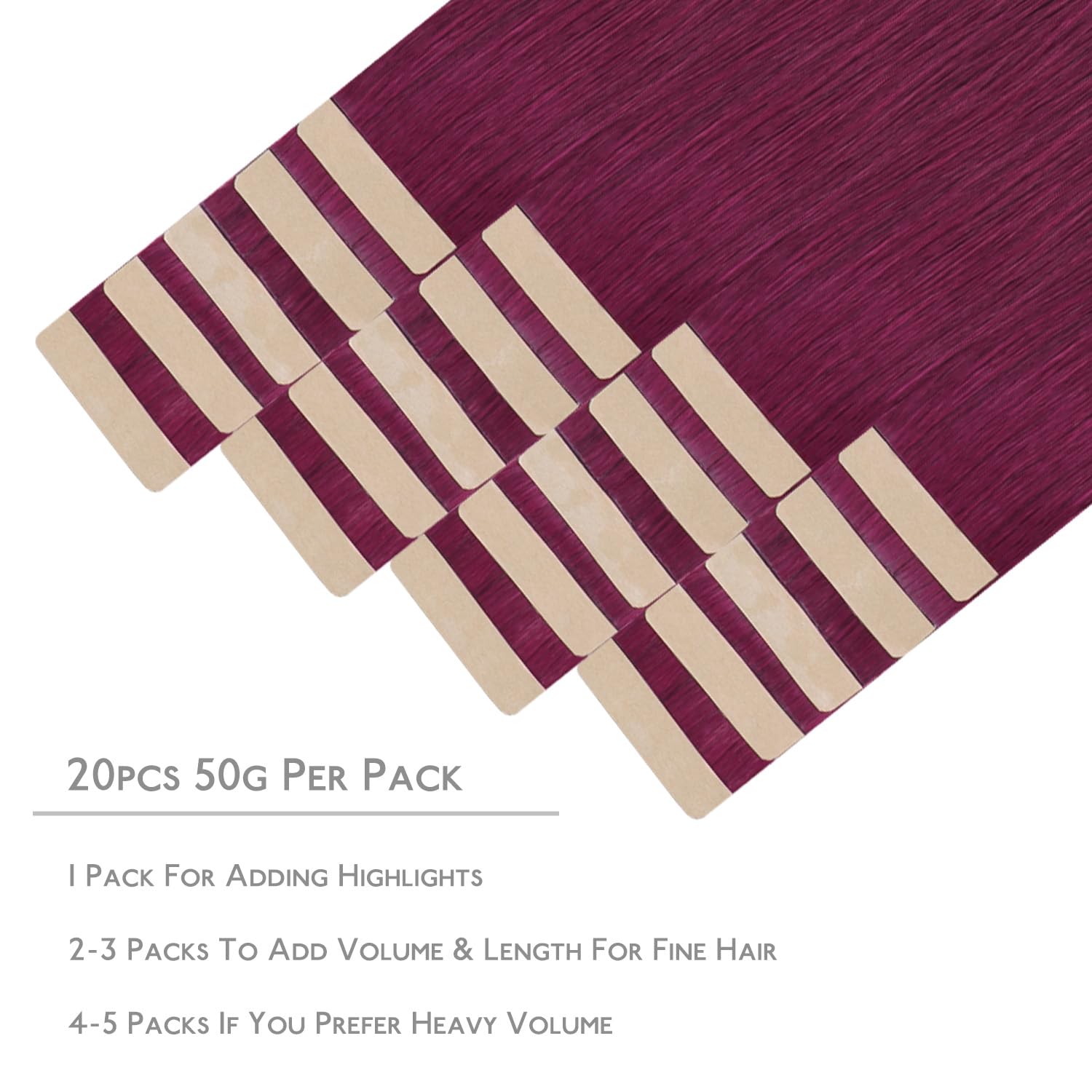 WENNALIFE Tape in Hair Extensions, 20pcs 22 Inch 50g Light Burgundy Real Human Hair, Remy Straight Tape Extensions - Image 2