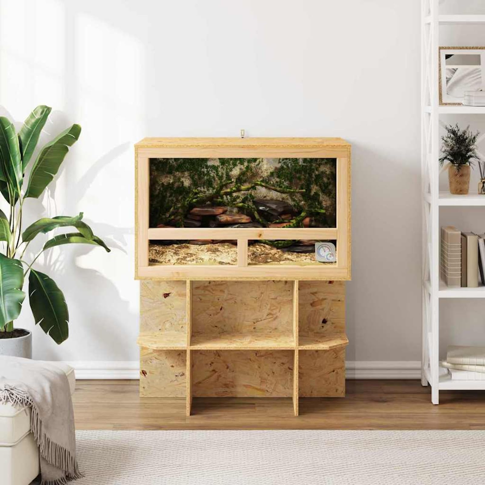 Terrario per Rettili e Roditori 80x50x100 cm in OSB e Vetro con Porte Scorrevoli, Base e Termometro - Design Rustico e Naturale per Interni