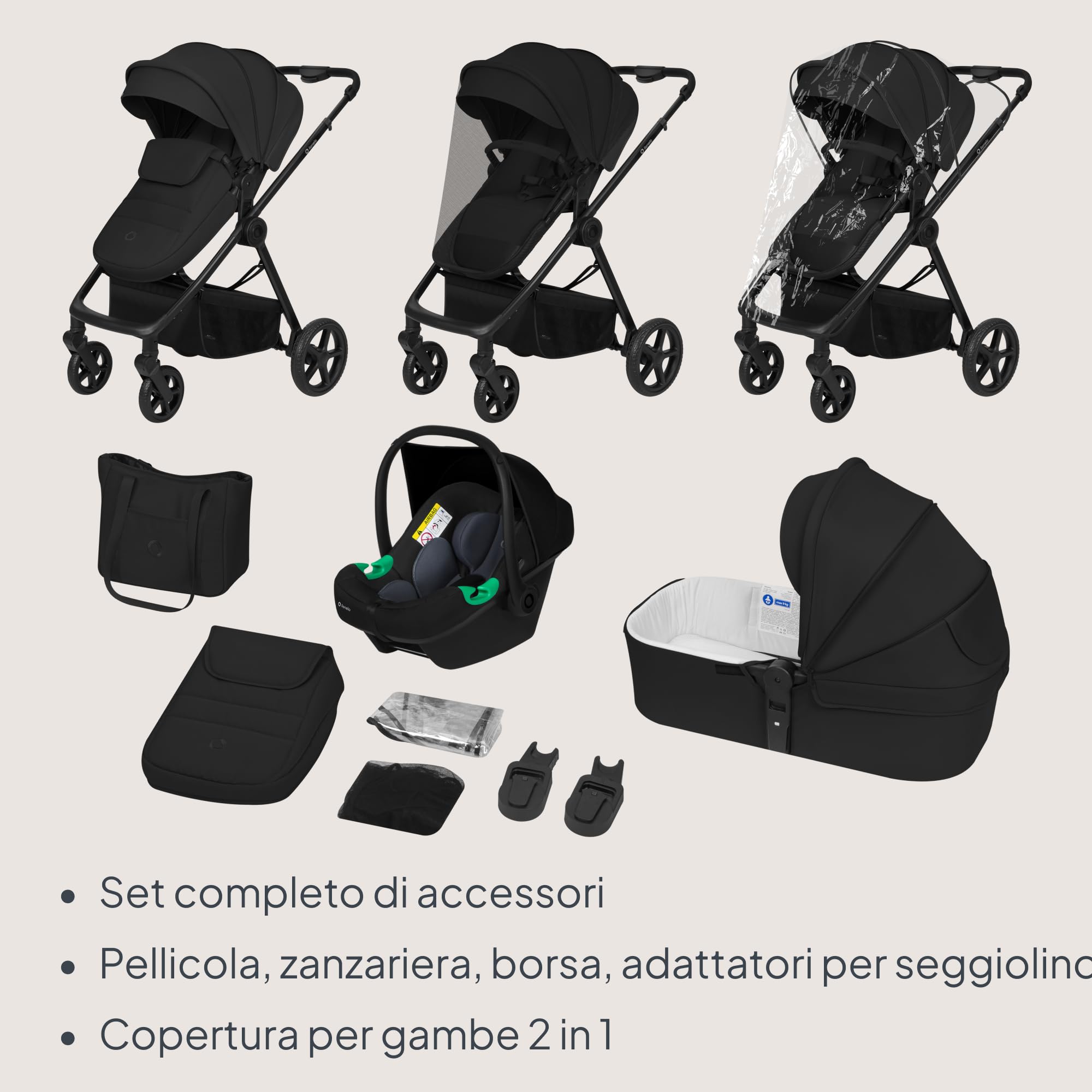 Lionelo Greet Passeggino Trio 3 in 1 per bambini 0-4 anni / 0-22 kg Leggero | Sistema Modulare con Seggiolino Auto,Ampia Navicella,Seduta Reversibile,Telaio,Sospensioni,Posizione Reclinata,UPF50+