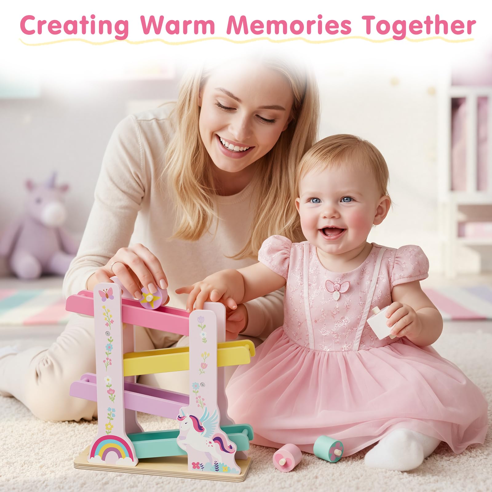 Lehoo Castle Wooden Car Ramp Toys for 1 Year Old Girl Birthday Gifts, Unicorn Montessori Toys for One Year Old, Wooden Race Track with 4 Rollers Toddler Toys for 2 Year Old Girl