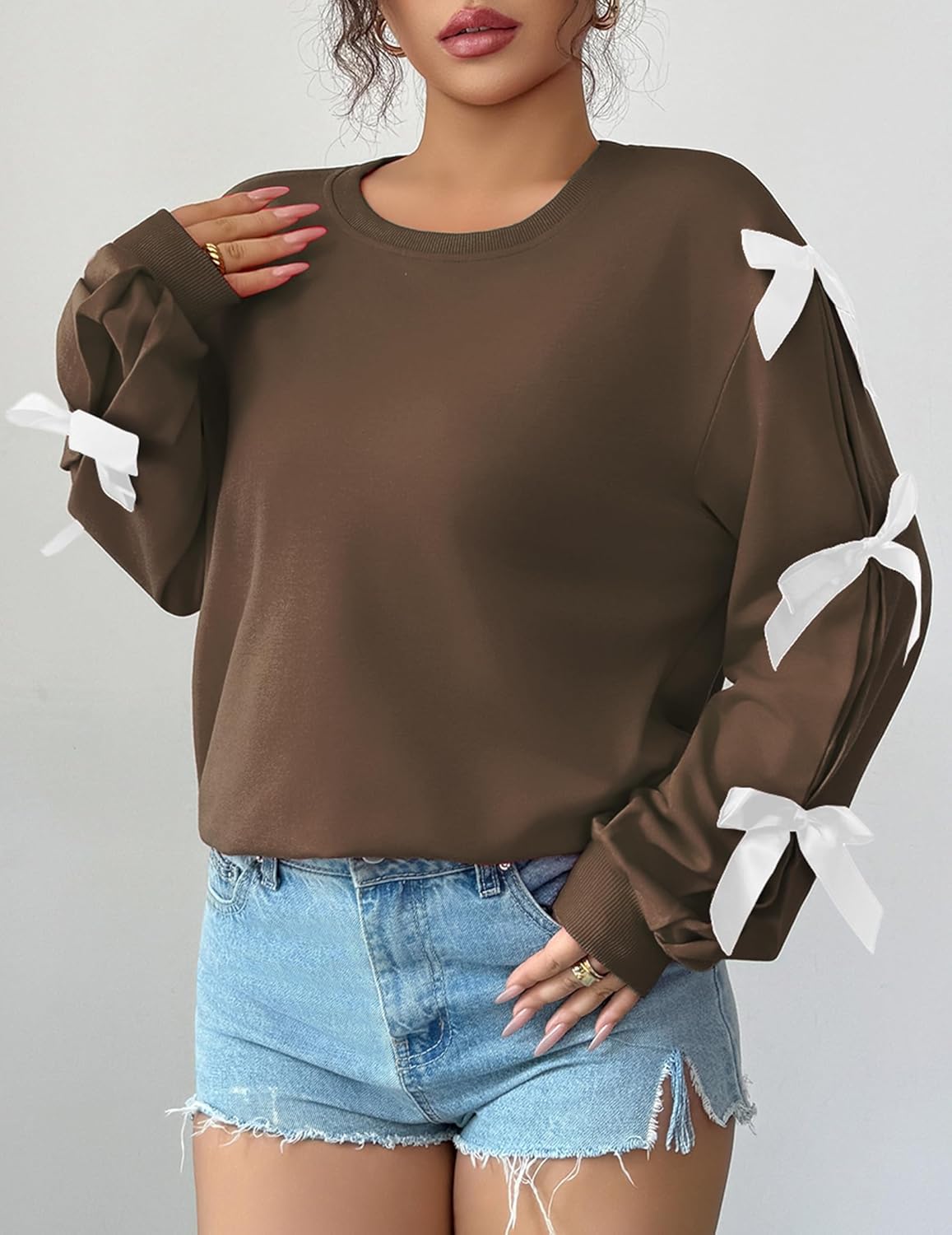 Womens Bow Lightweight Sweatshirt Oversized Crew Neck Comfy Long Sleeve Casual Loose Pullover Top Y2K Clothes - Image 6
