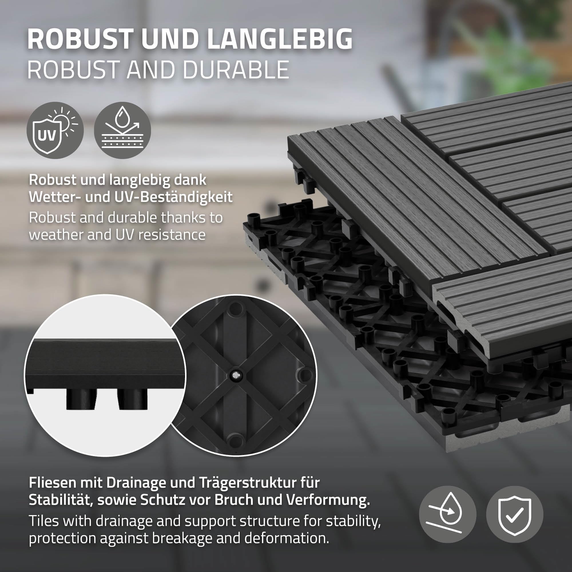 ECD Germany Dalles Terrasse Clipsables WPC 30x30 cm/11 pièces=1m² Anthracite Mosaïque Aspect Bois Carreaux avec Système à Clic et Drainage Revêtement de Sol Carrelage Lames Patio Jardin Extérieur